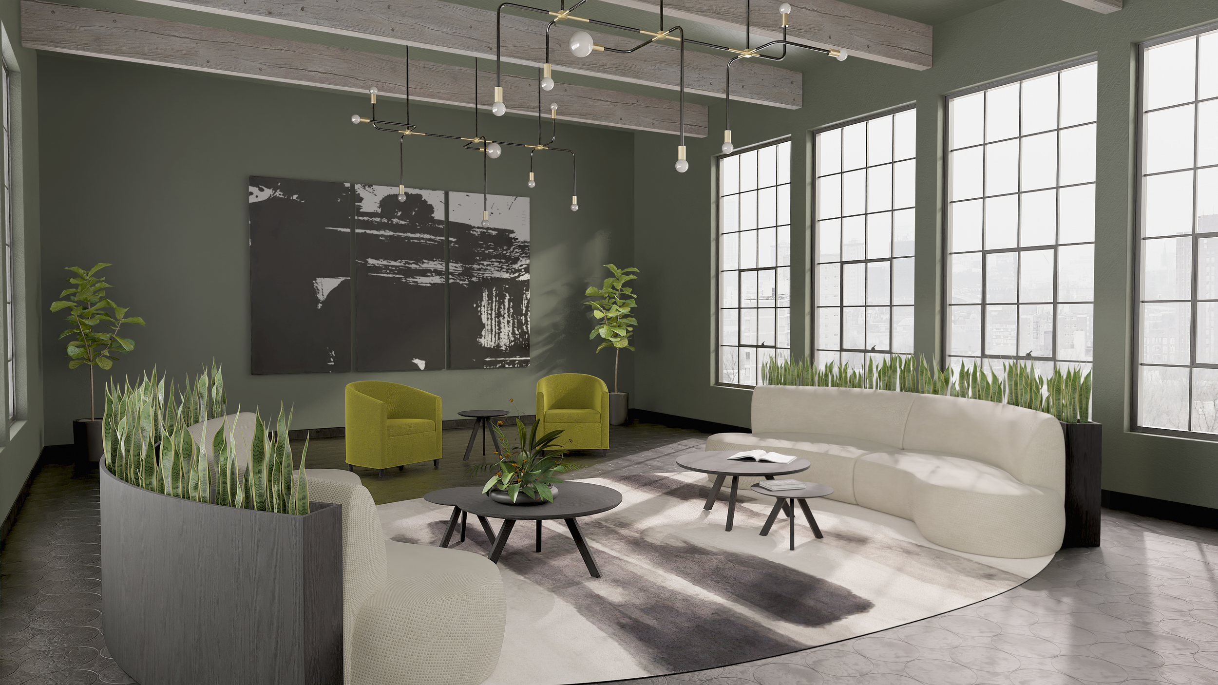 ANNA OCCASIONAL TABLES IN BLACK OAK SHOWN WITH WHIDBEY LOUNGE CHAIRS + CUSTOM CURVED BANQUETTES WITH INCORPORATED PLANTERS