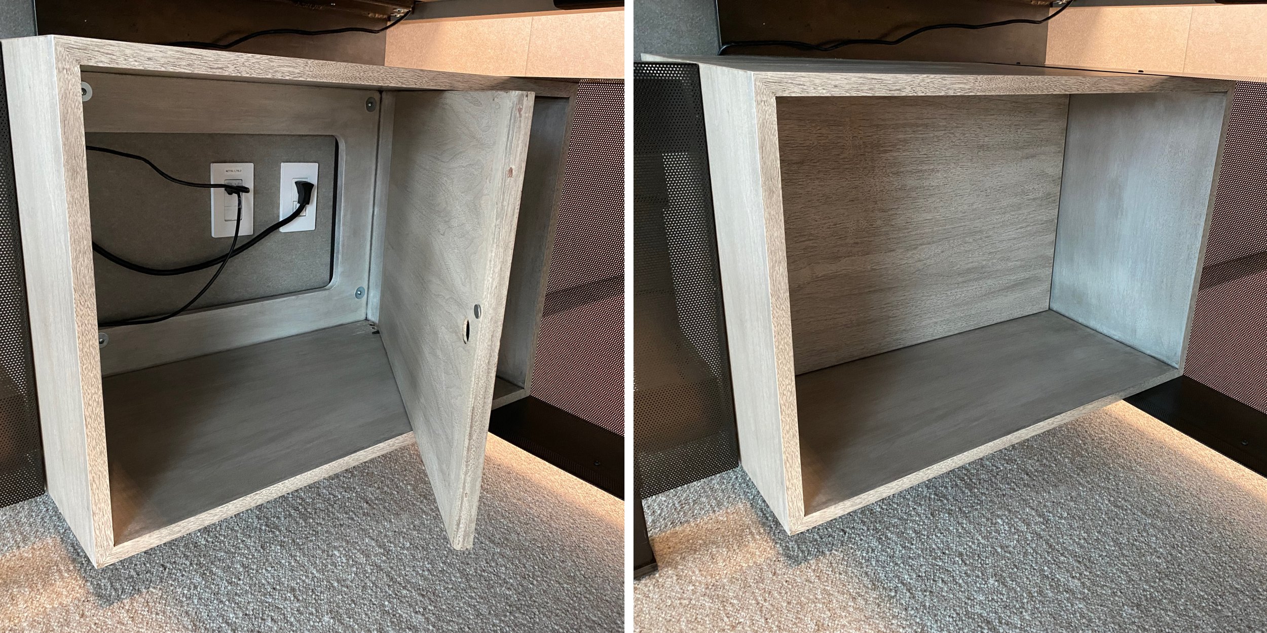 OPEN CUBBIES UNDERNEATH THE DESKTOP CONCEAL CORDS WITH FALSE BACKS THAT CAN BE ACCESSED VIA A HINGED, PIVOTING DOOR.