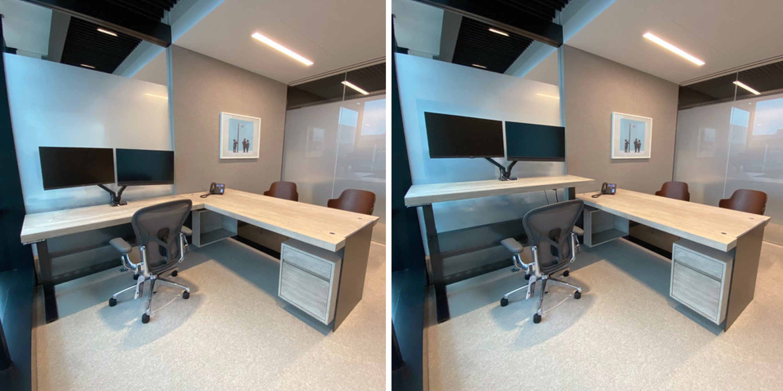L-SHAPED, MULTI-SURFACE, ADJUSTABLE HEIGHT DESKS FOR THE EXECUTIVE WORKSTATIONS