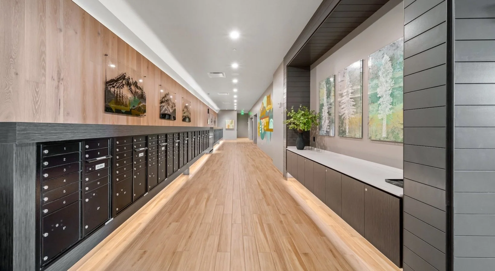 LOBBY MAIL BOX SURROUNDS, WOOD WALL PANELING, CASEWORK + CONCRETE COUNTERTOP, SHIPLAP WALL PANELING IN CROWN HILL APARTMENT BUILDING