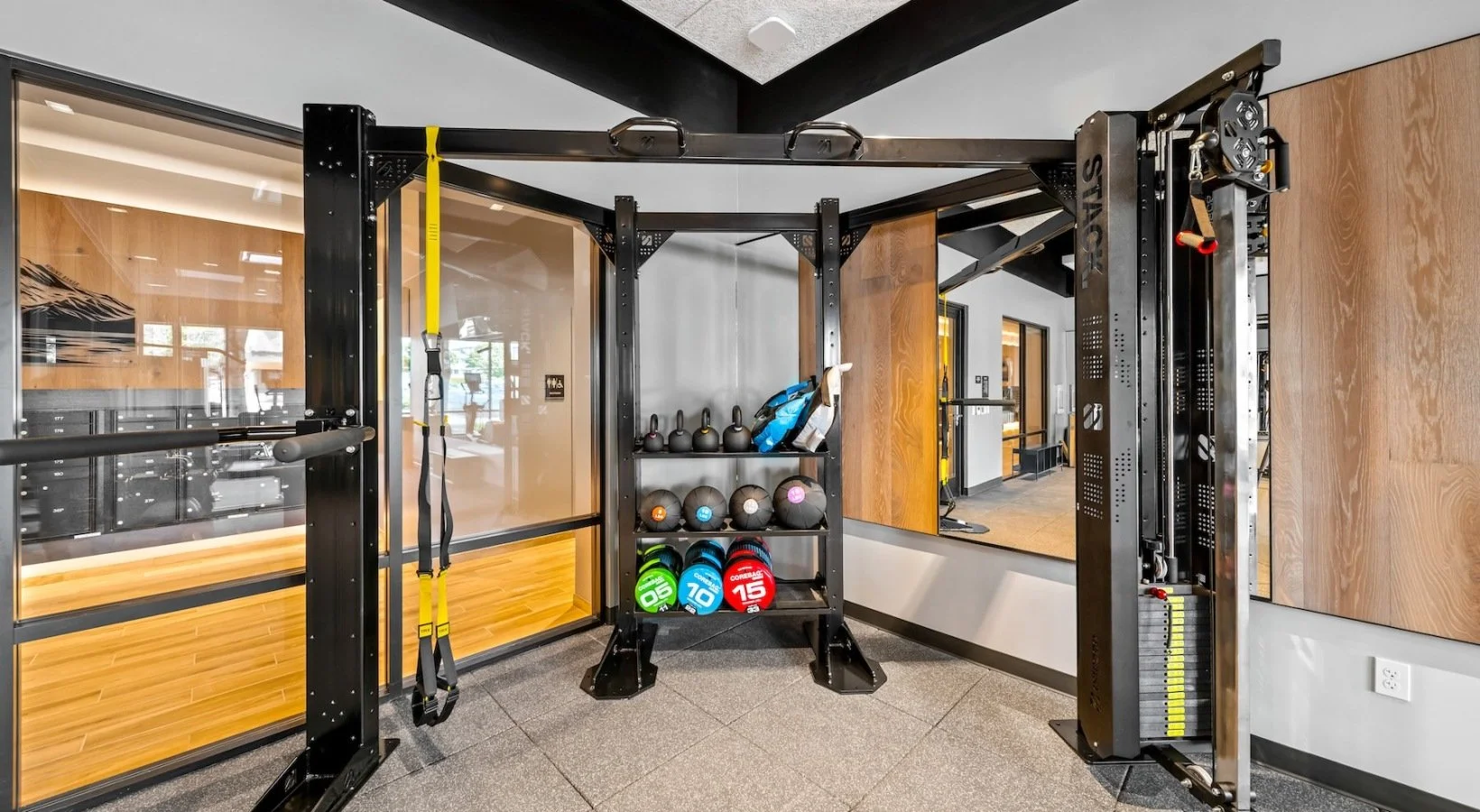 GYM WOOD WALL PANELING IN CROWN HILL APARTMENT BUILDING