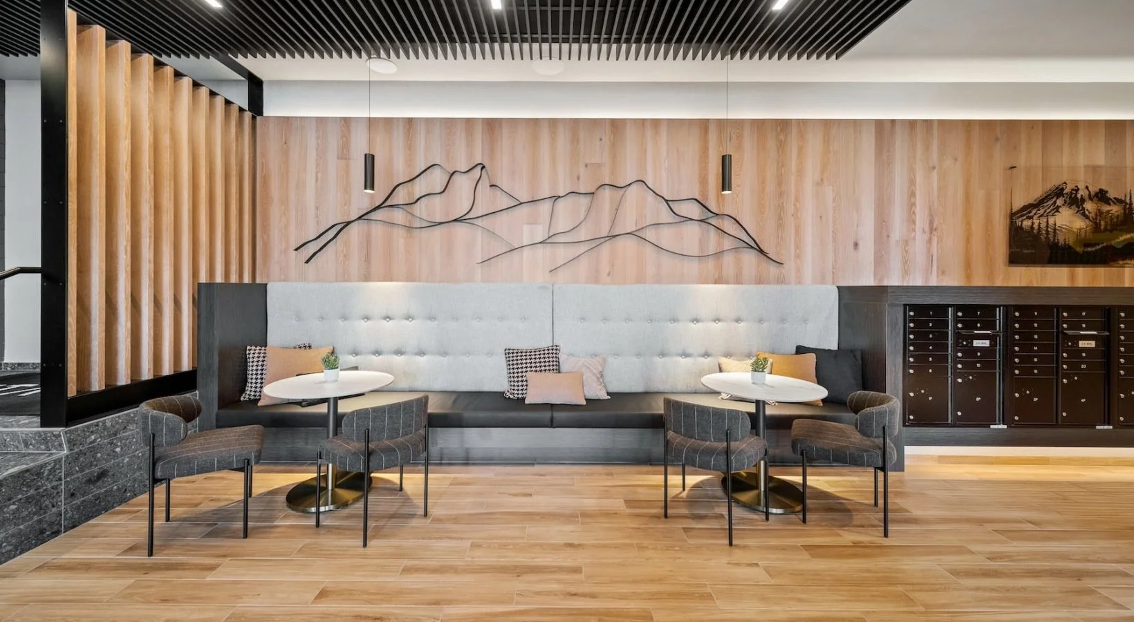 LOBBY WOOD WALL PANELING, WOOD SLAT WALL DIVIDER, GRID CEILING SYSTEM, + BANQUETTE IN CROWN HILL APARTMENT BUILDING