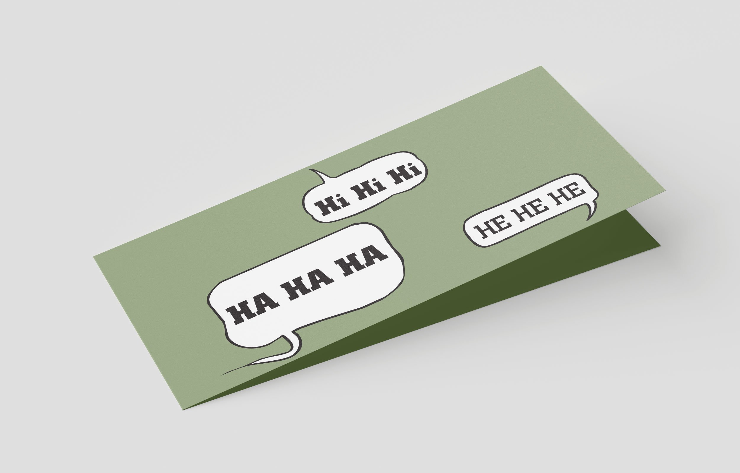 Grüne Klappkarte mit Sprechblasen und den Texten "Hi Hi Hi", "Ha Ha Ha", "He He He".