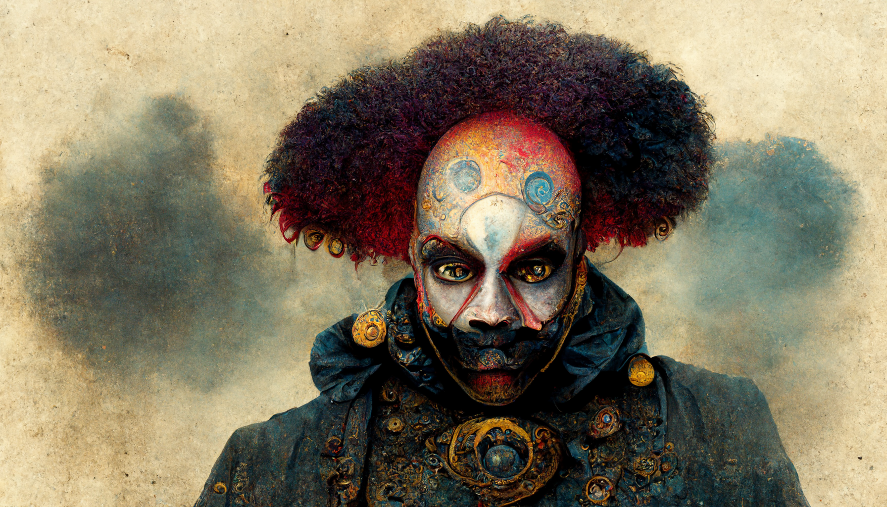 Black male, giant clown, standing in front of the big top tent, steampunk detailed clown makeup, bald head.