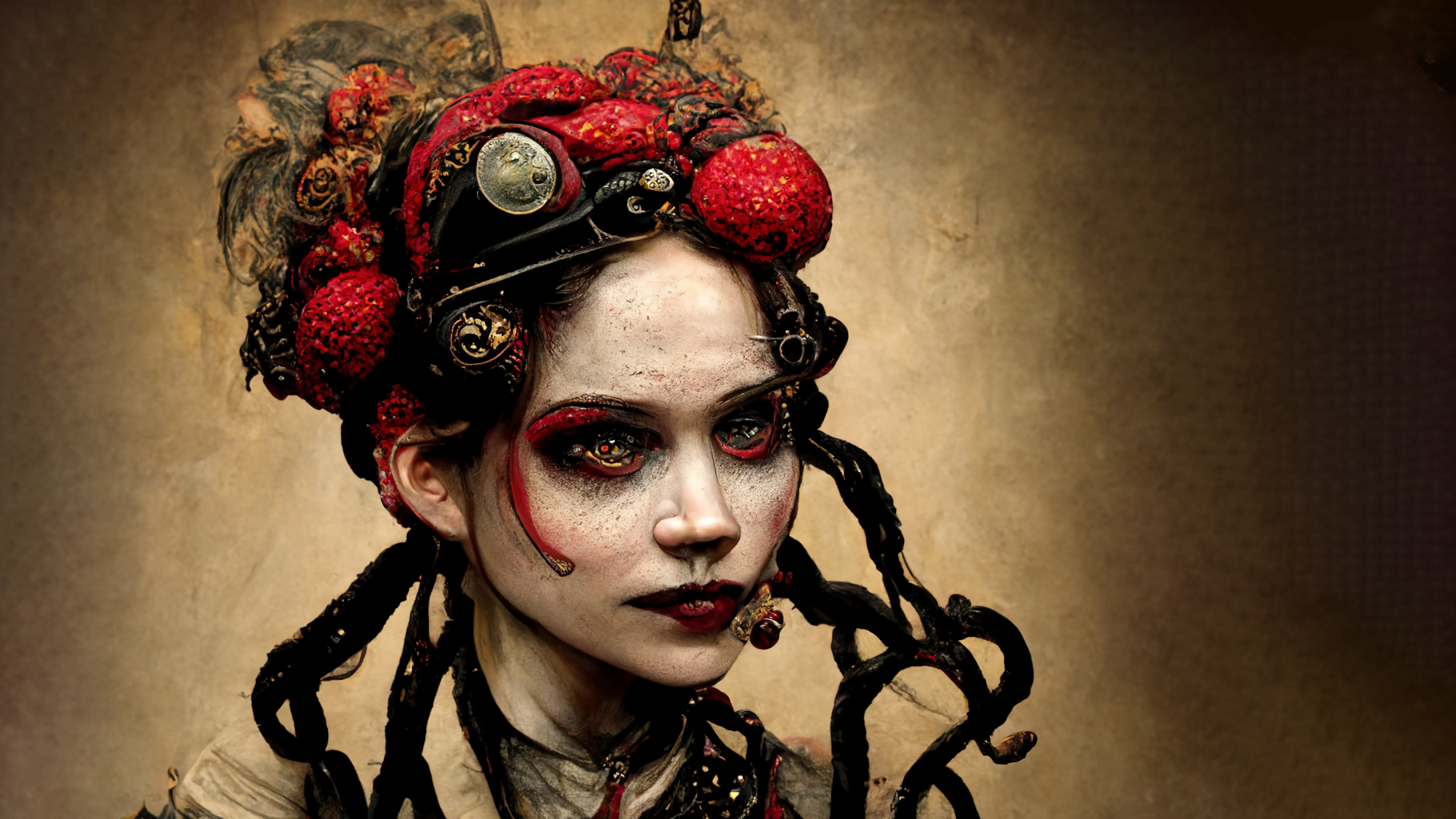 Full portrait of female steampunk clown, intricate makeup, tangled braids, red lipstick, detailed.