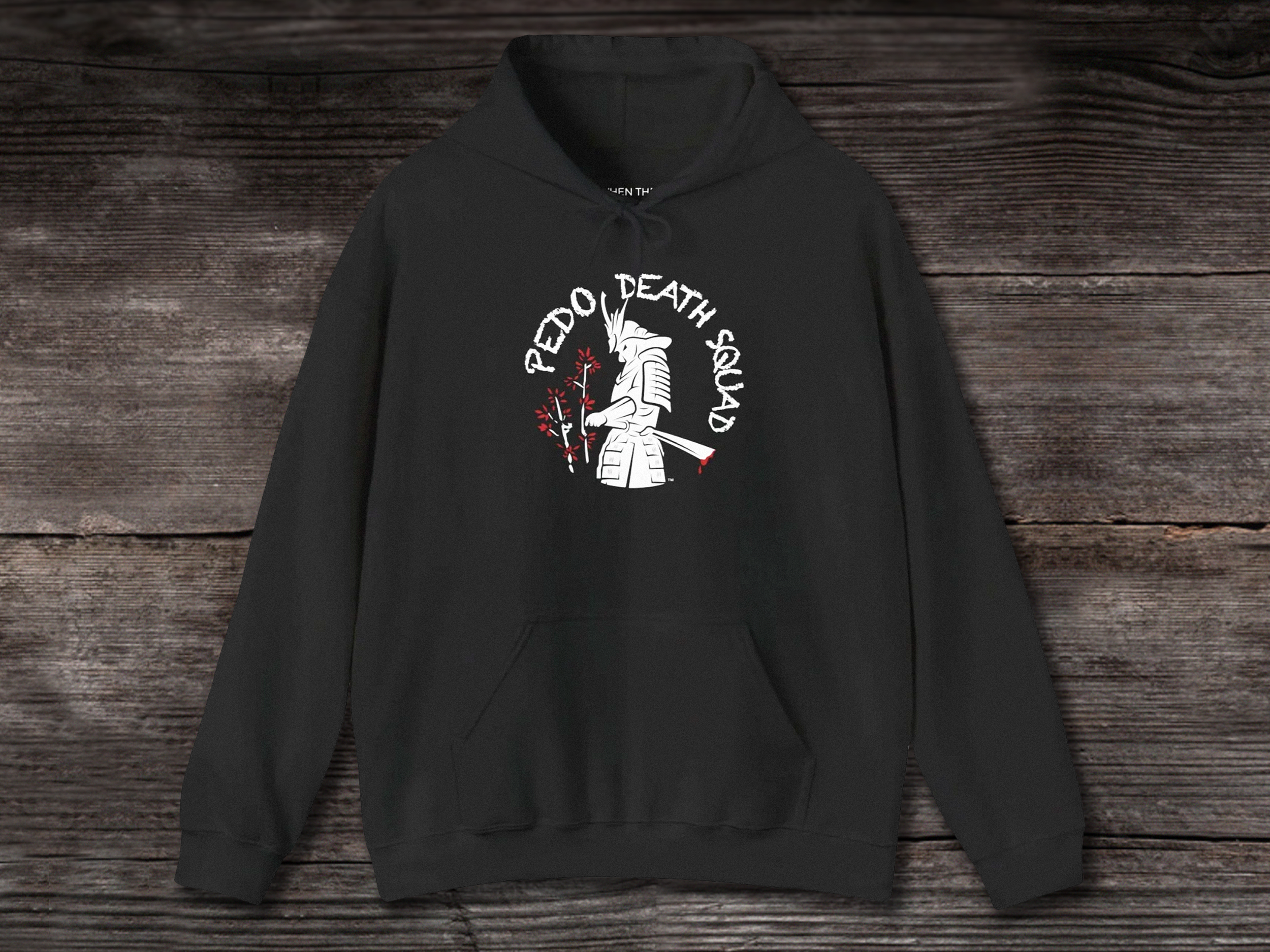 Black hoodie with a graphic of a samurai and text that reads 'Pedo Death Squad'.