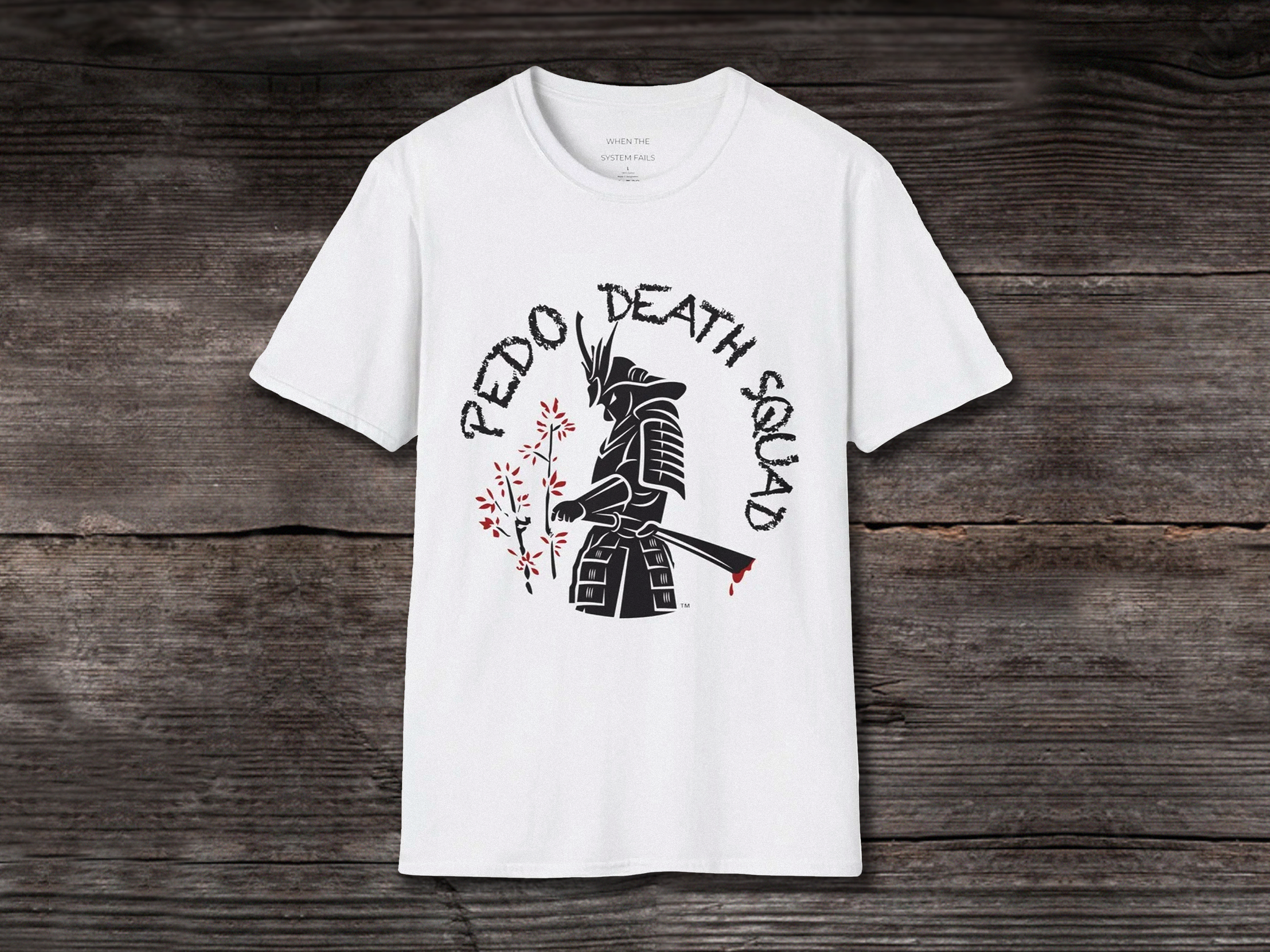Black T-shirt with a graphic of a samurai warrior and the words 'Pedo Death Squad' on the front.