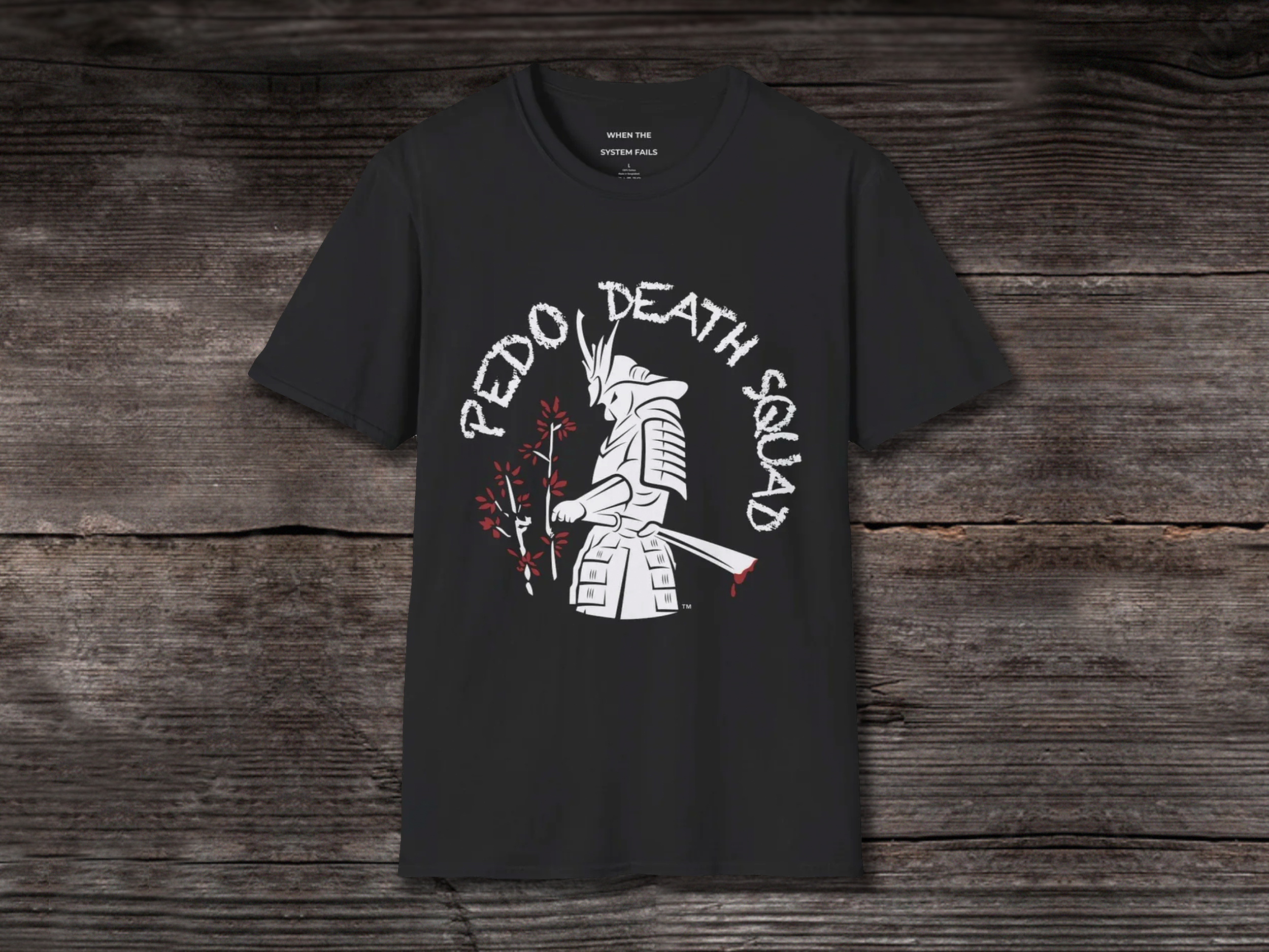 Black T-shirt with a graphic of a samurai warrior and the words 'Pedo Death Squad' on the front.