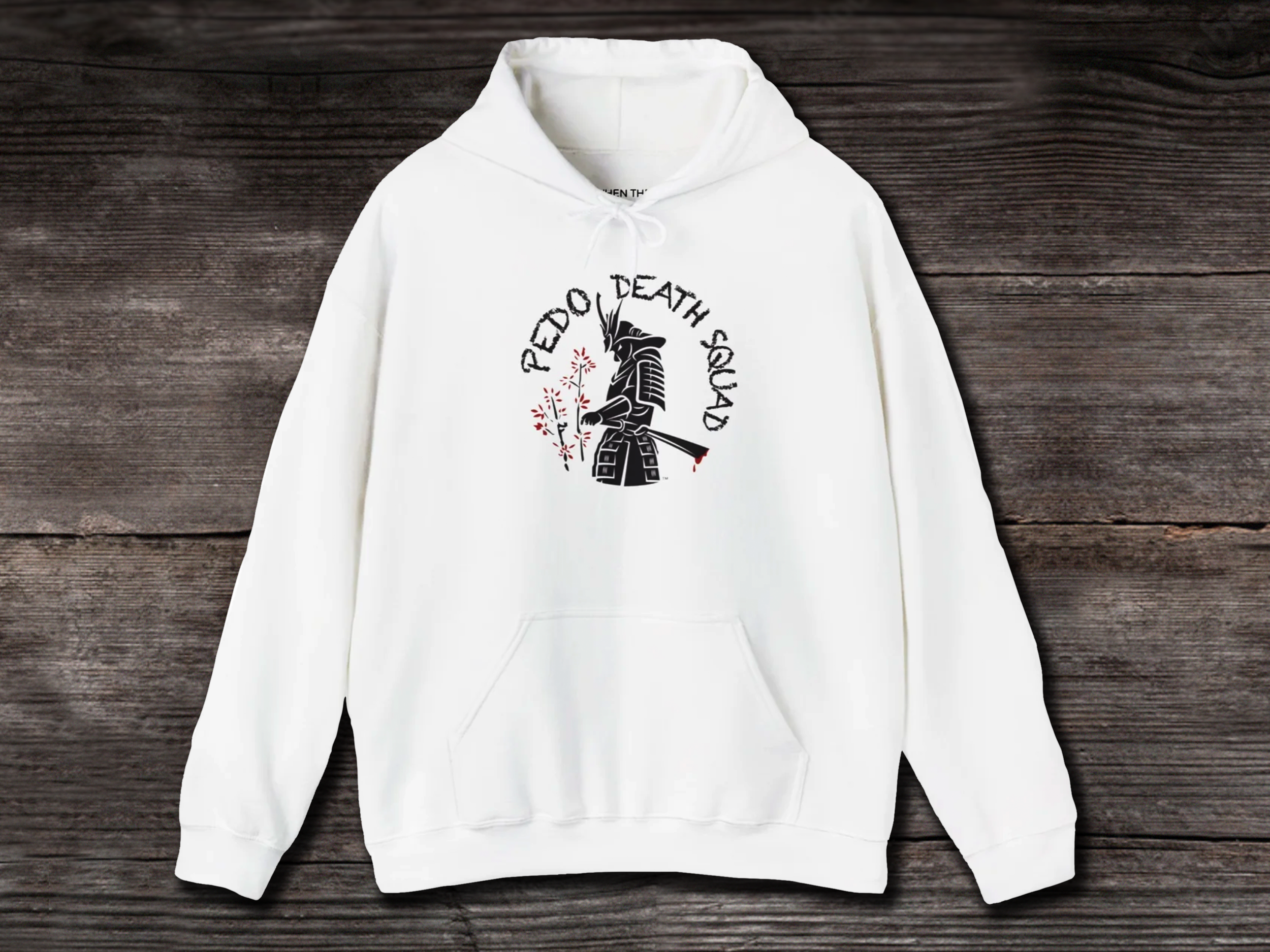 White hoodie with a graphic of a samurai and text that reads 'Pedo Death Squad'.