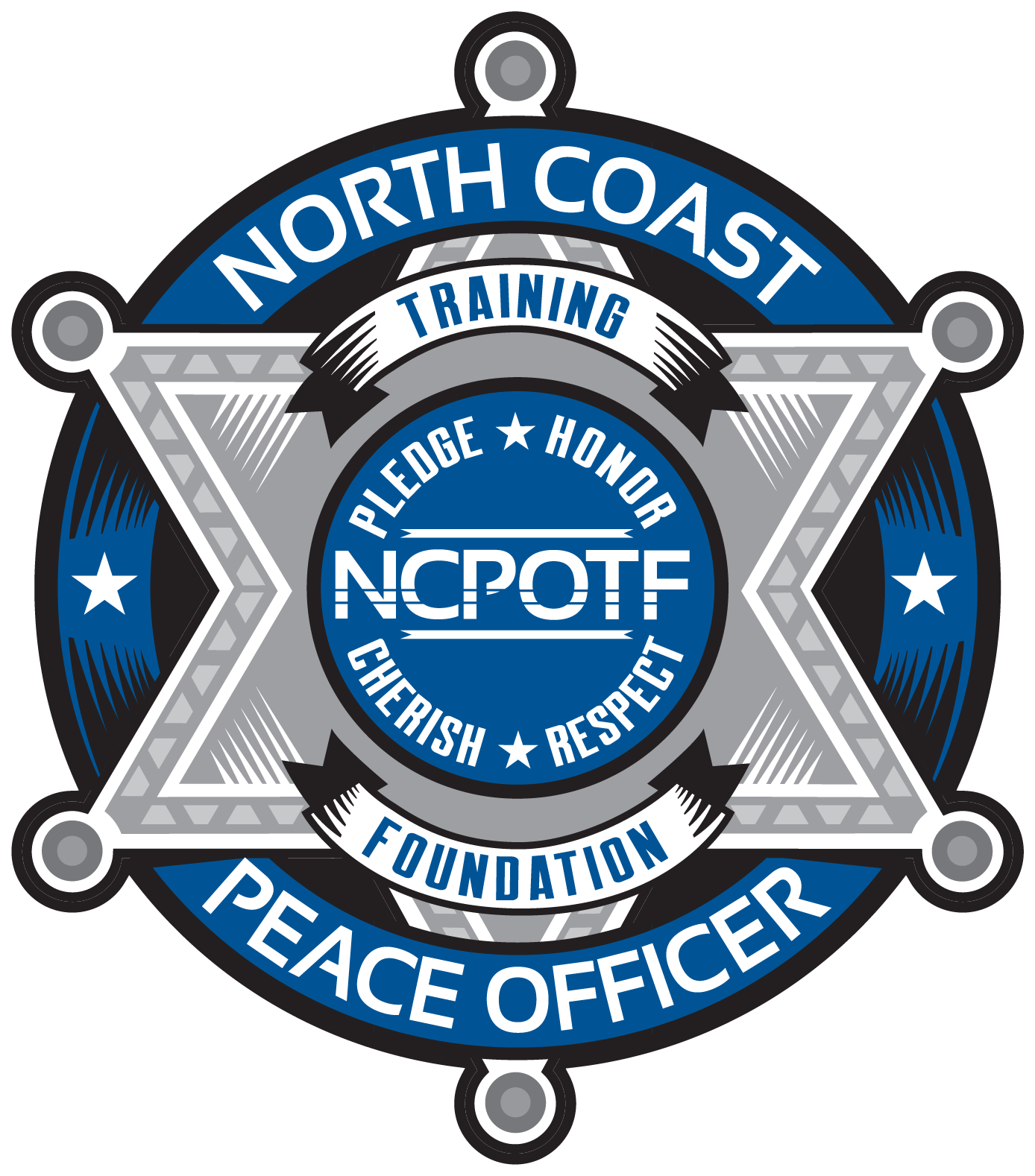 Badge for North Coast Peace Officer Training Foundation, featuring a star-shaped emblem with blue, black, and gray colors, and words 'Pledge', 'Honor', 'Cherish', 'Respect', 'Foundation', and 'Peace Officer'.