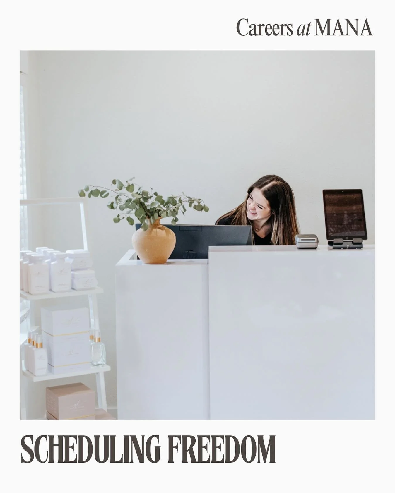 Freedom + Flexibility 
At MANA, you&rsquo;re in control of your schedule. With unlimited time off and the flexibility to design your workweek, you can build a career you love that aligns with your life outside of the salon.

This is just one of many 