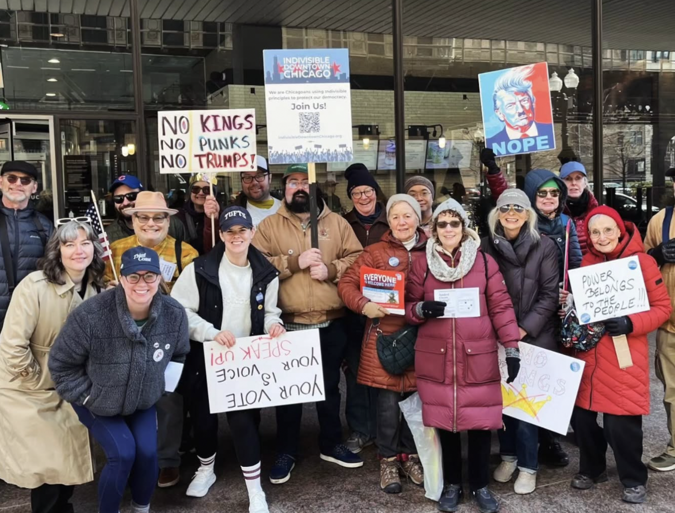 Indivisible Chicago Alliance chapter Indivisible Downtown Chicago members gather together to march at No Kings 3 on March 28, 2026.