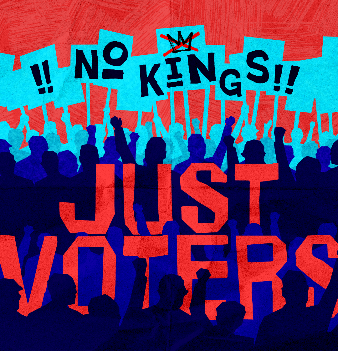 Graphic of protesters that says No Kings Just Voters