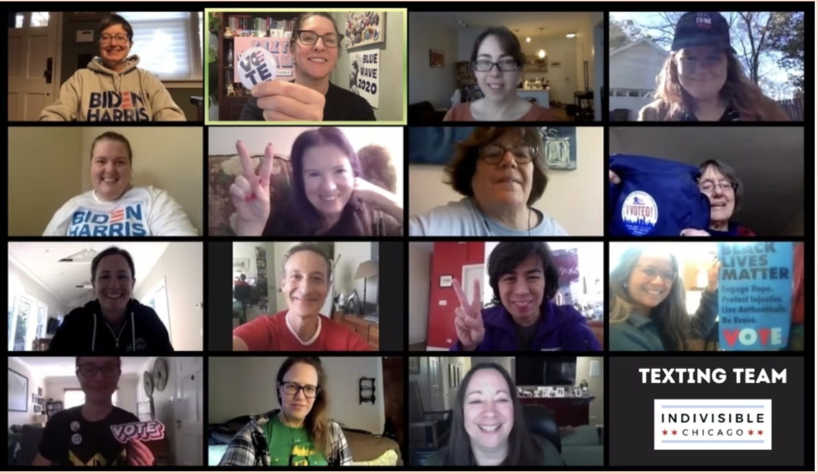 A screenshot of 2024 Indivisible Chicago texting team volunteers on Zoom.