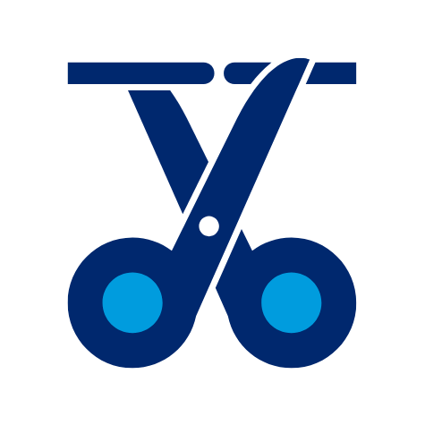 Stylized blue scissors icon on a transparent background.