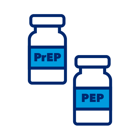 Illustration of two pill bottles labeled PrEP and PEP, indicating HIV prevention medications.