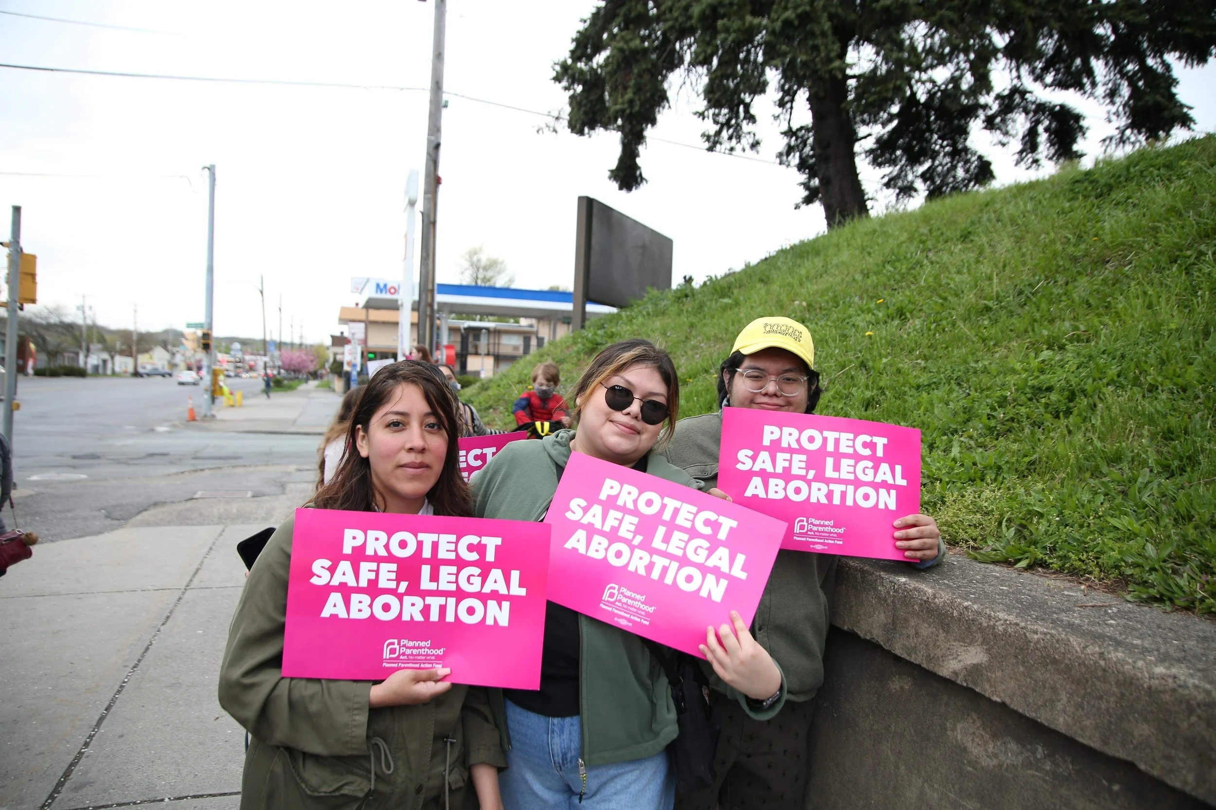 Volunteers rallying outside the Albany state house, holding signs that read "Protect Safe, Legal Abortion"