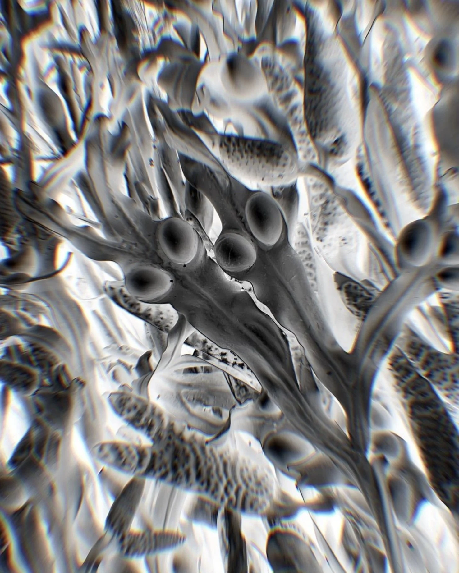 Close-up abstract pattern of soap bubbles in black and white, resembling organic forms and textures.