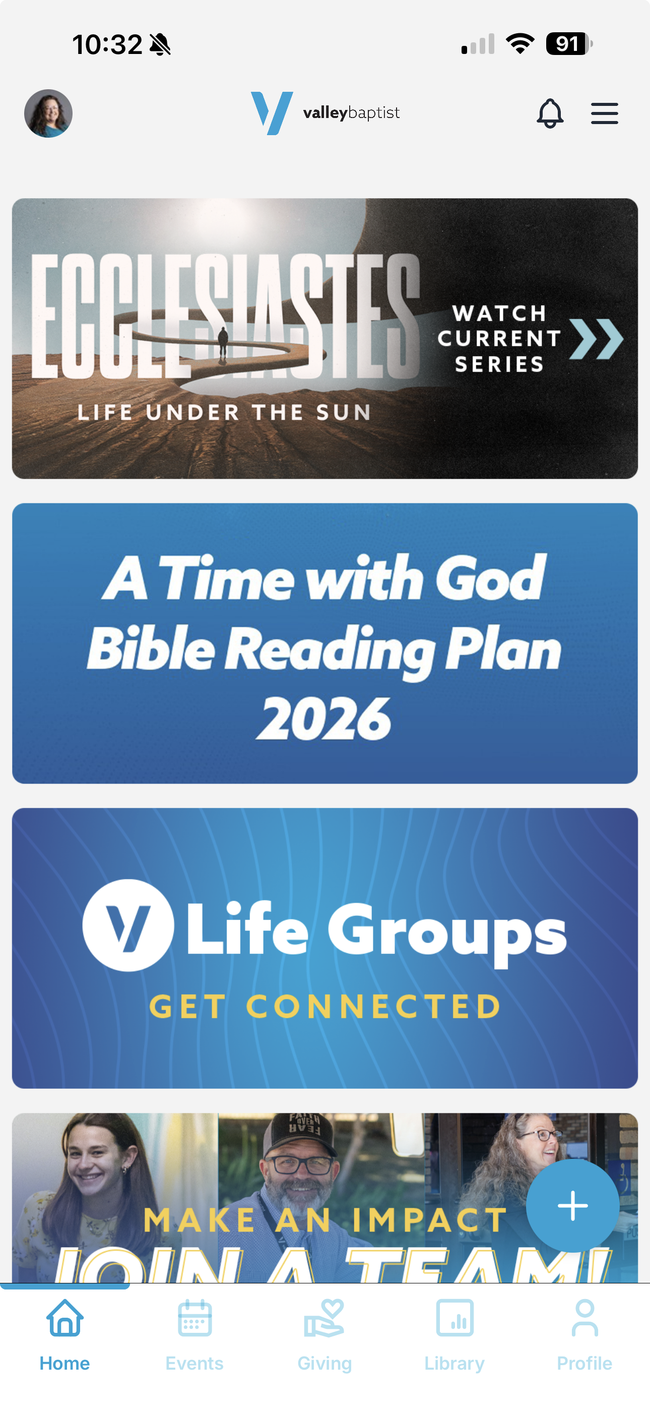 picture of phone screen displaying the home screen of a church mobile app
