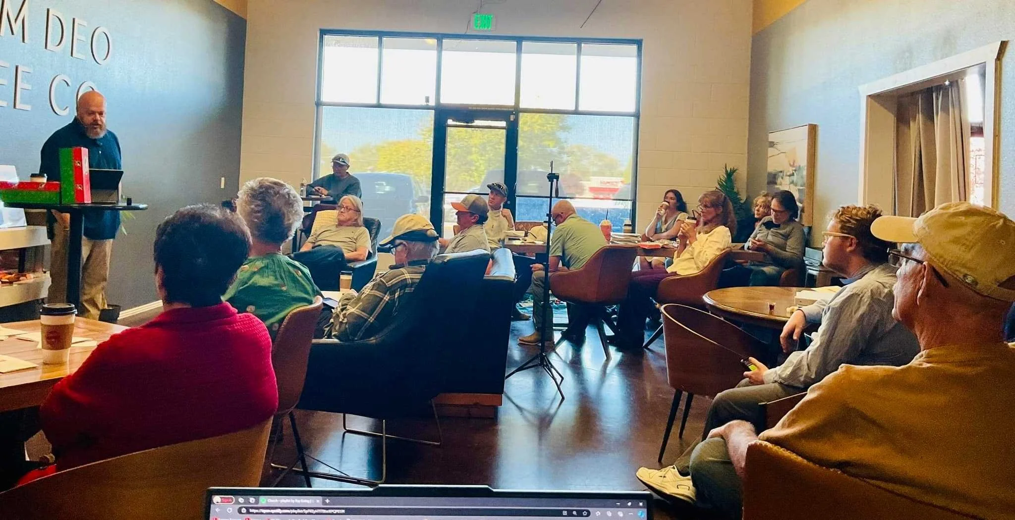 Pastor Ray Ewing is preaching to New Journey Church's attendees at Coram Deo Coffee in Twin Falls, Idaho.