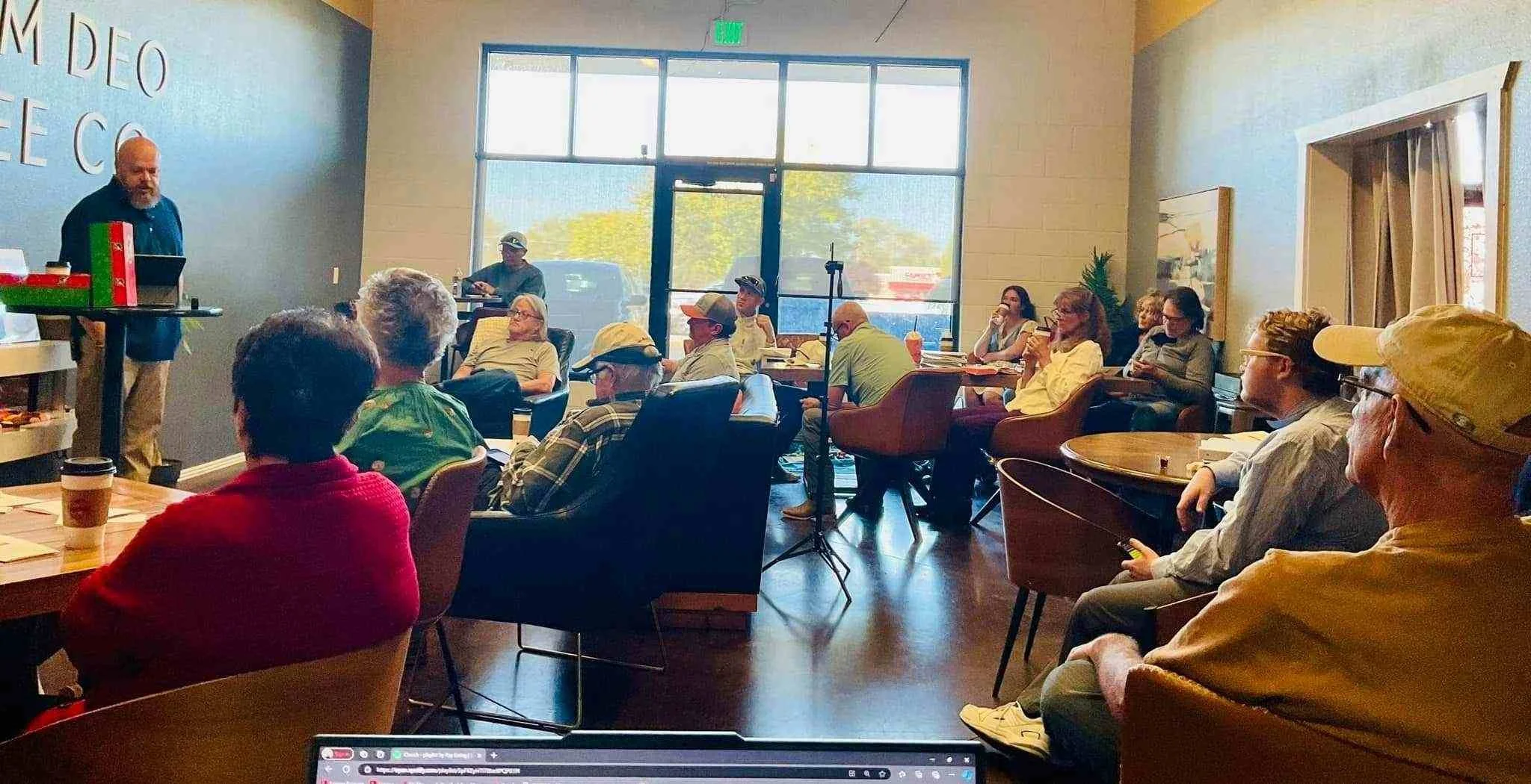 Pastor Ray Ewing is preaching to New Journey Church's attendees at Coram Deo Coffee in Twin Falls, Idaho.