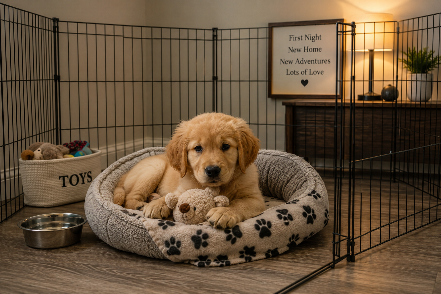 Young golden retriever puppy laying on its bed inside an exercise pen with a stuffed toy