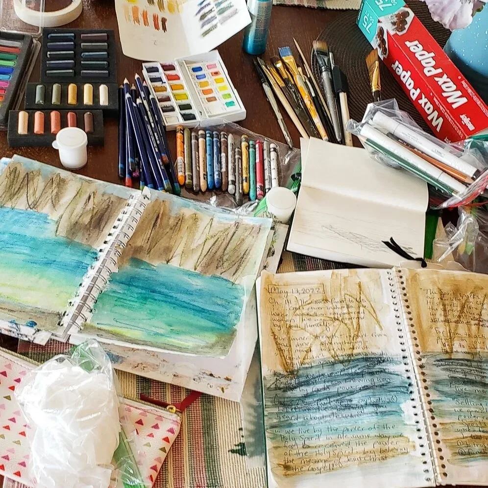 My vacation art studio and view (swipe)

The cottage we rented had a great sun porch that looked out on the lake. It was my favorite room in the house!