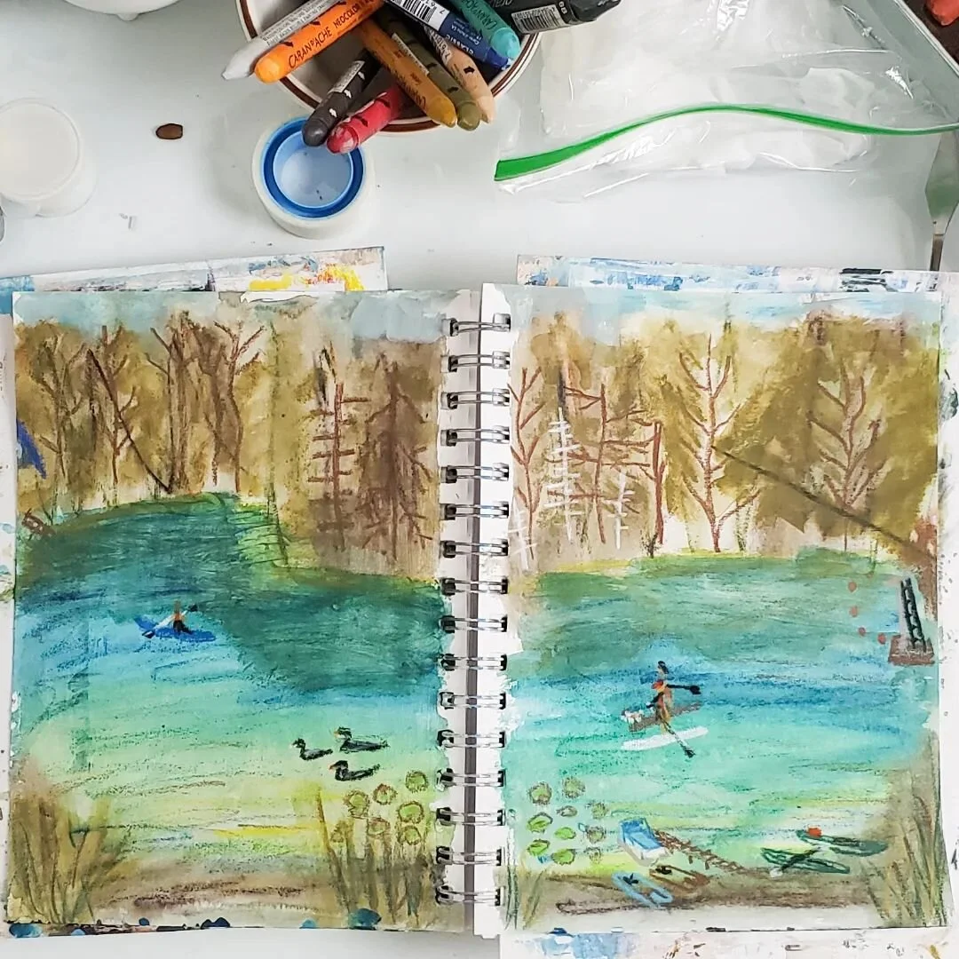 I worked on this sketchbook page more at the cottage and when I got home. I took inspiration from @sandihesterart and used lots of different media - soft pastels &amp; matte medium, intense pencils, neocolor 1, and neocolor 2 crayons, charcoal pencil