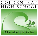 Logo of Golden Bay High School with a large green wave and a bird in flight, green background.