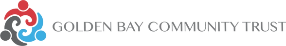 Logo of Golden Bay Community Trust with stylized cloud design in red, blue, and gray