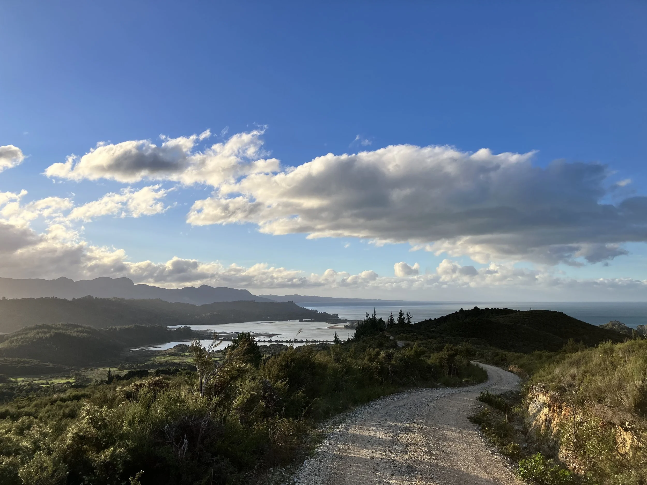 Scenic landscape with a dirt road winding through green hills, overlooking a body of water, with mountain range in the distance under a partly cloudy sky.