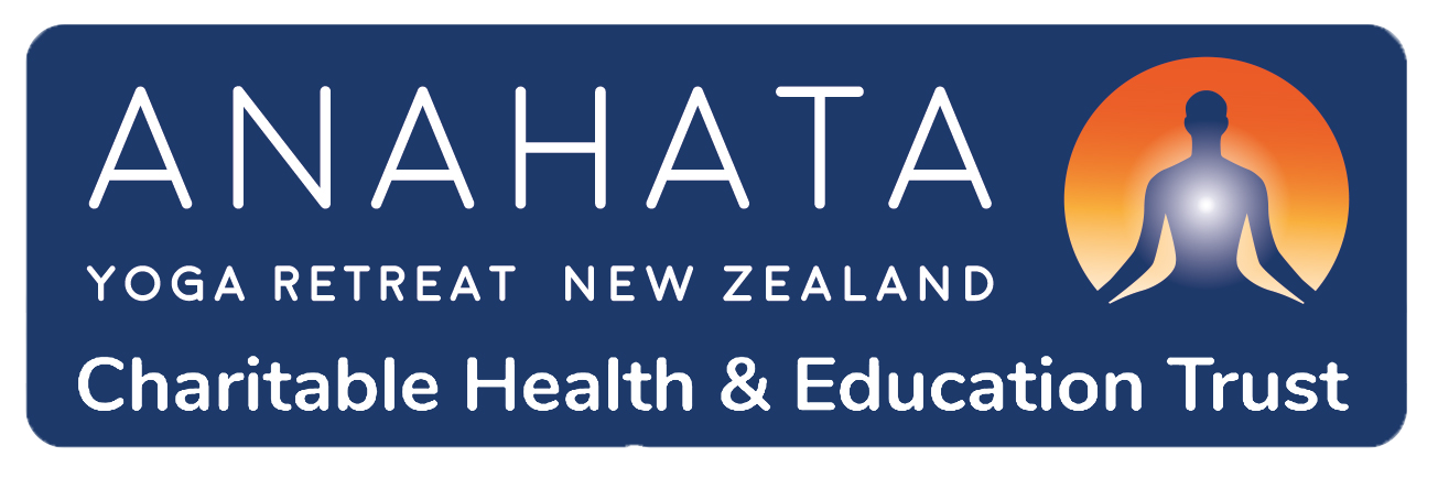 Logo for Anahata Yoga Retreat in New Zealand, affiliated with Charitable Health & Education Trust, featuring a stylized person meditating with a halo and glow, against an orange gradient background.