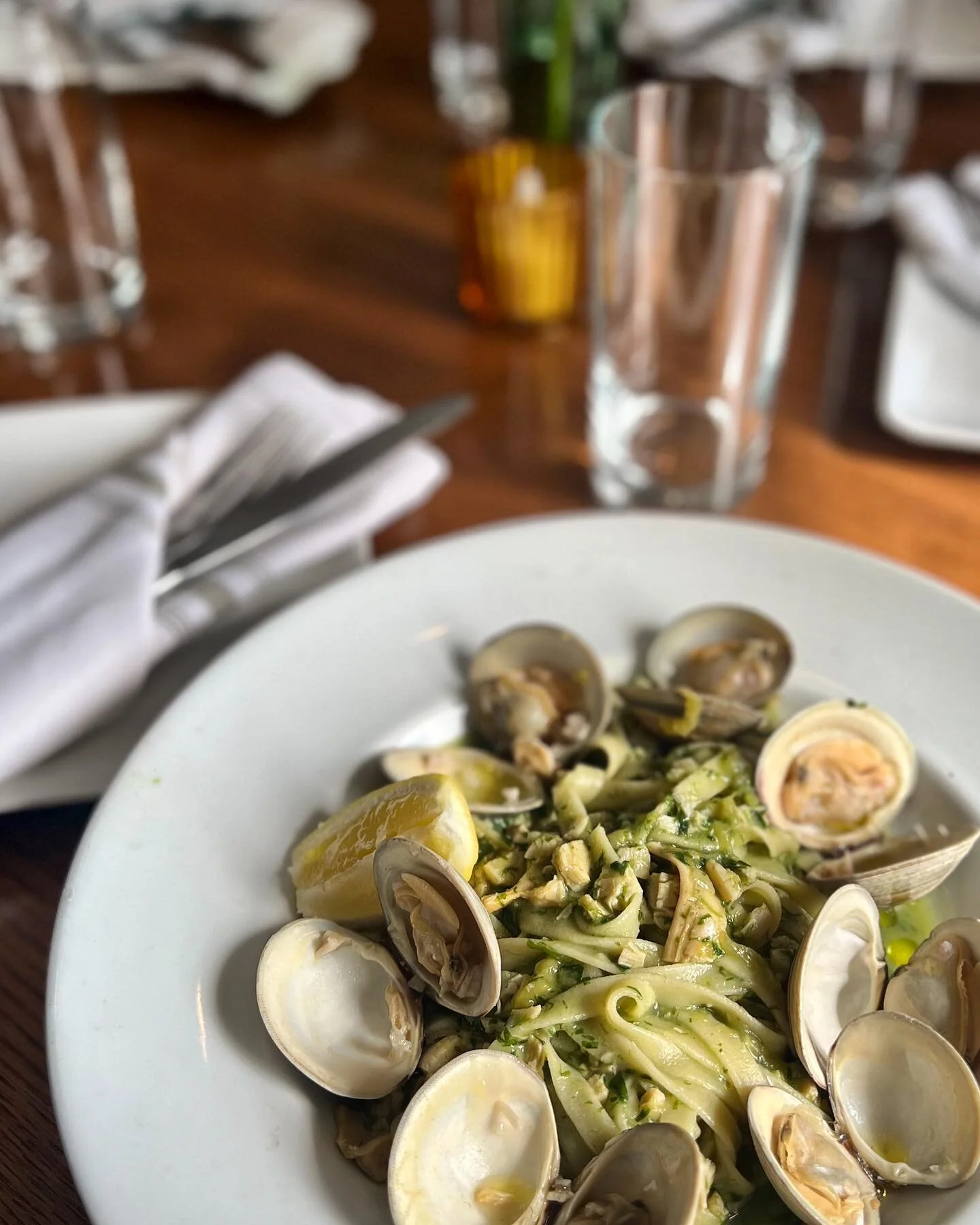 New Pasta Arrival.
For spring we will be adding a linguine and clams with Ramps. This pasta is full of flavor, using chopped clams and yellow tomatoes as the base, finished with ramp pur&eacute;e and lemon with juicy steamed little necks ontop. 
#ram