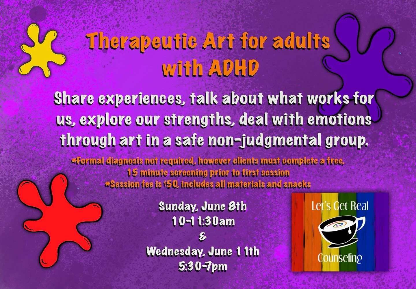 Hey, ADULTS WITH ADHD! 

🎨 Art, therapy and group support: We currently have limited openings in both groups! We meet for 90 minutes every other Sunday at 10am and every other Wednesday at 5:30pm in central Phoenix. 

🎨 We&rsquo;re here to support 