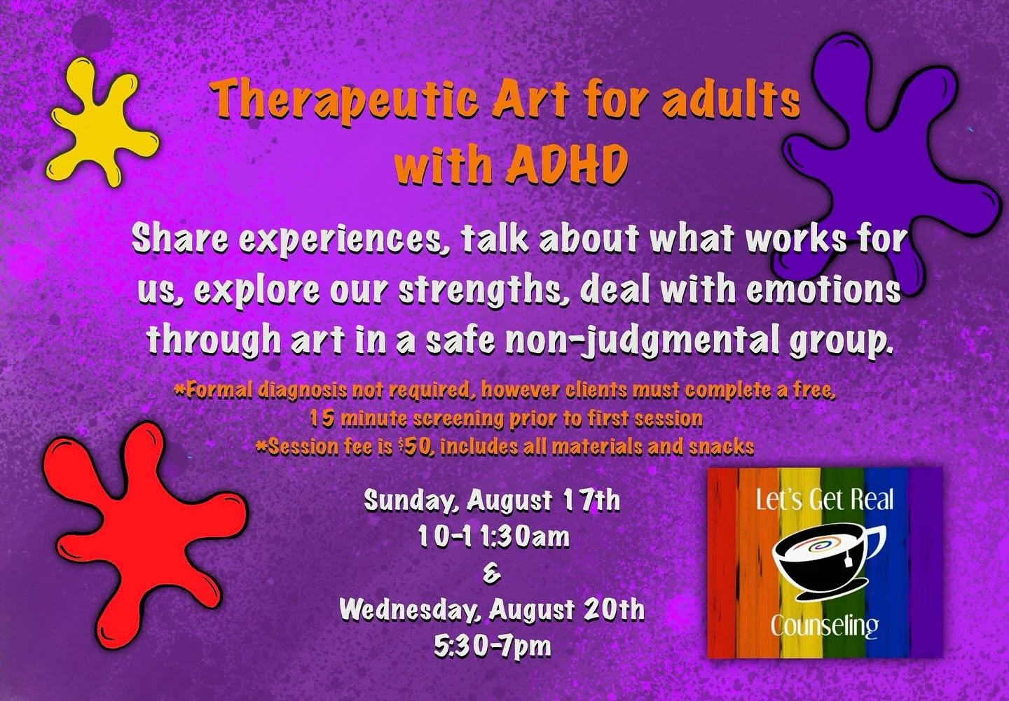 🧠 Hey, ADULTS WITH ADHD!

🎨 Art, therapy and group support: We have limited openings for Sundays and Wednesdays! We meet for 90 minutes every other Sunday at 10am and every other Wednesday at 5:30pm in central Phoenix.

🖌️ We&rsquo;re here to supp