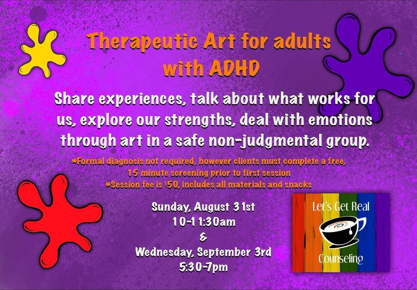 🧠 Hey, ADULTS WITH ADHD!

🎨 Art, therapy and group support: We have limited openings for Sundays and Wednesdays! 

🖌️ We meet for 90 minutes every other Sunday at 10am and every other Wednesday at 5:30pm in central Phoenix.

🎨 We&rsquo;re here to