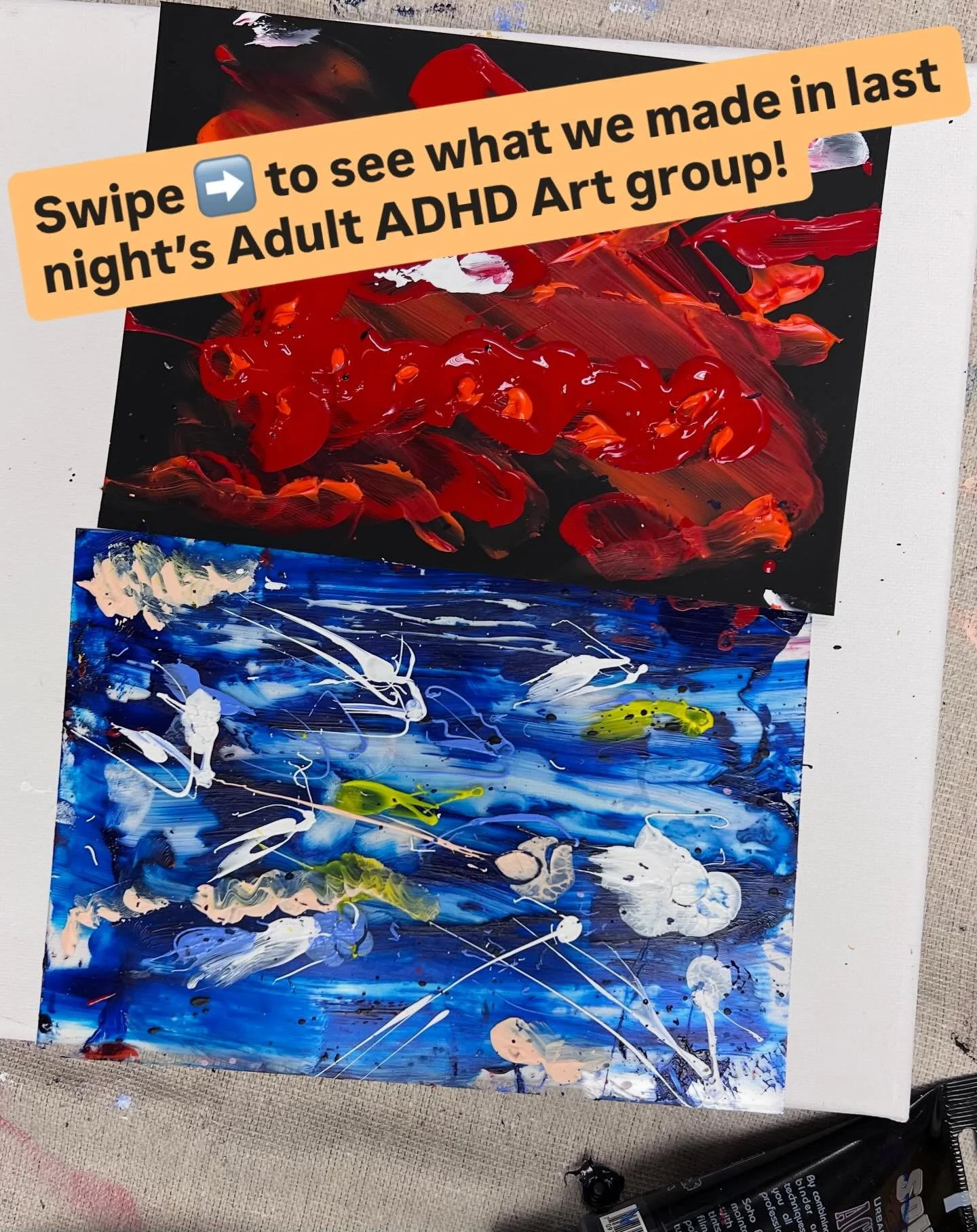 More finger-painted art from Wednesday evening&rsquo;s Adult ADHD Art &amp; Therapy group! So cool to see how this set turned out. 🎨 

In groups we talk about our goals, crowdsource ideas on how to get un-stuck, and deep dive on a different ADHD-rel