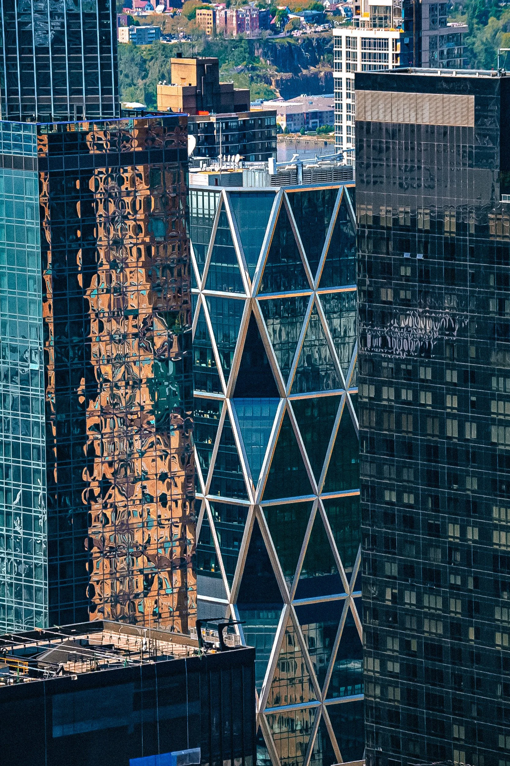 Compressed Skyscraper Geometry - A tightly framed architectural study highlighting the intense compression, contrasting textures, and overlapping grid lines of city skyscrapers.