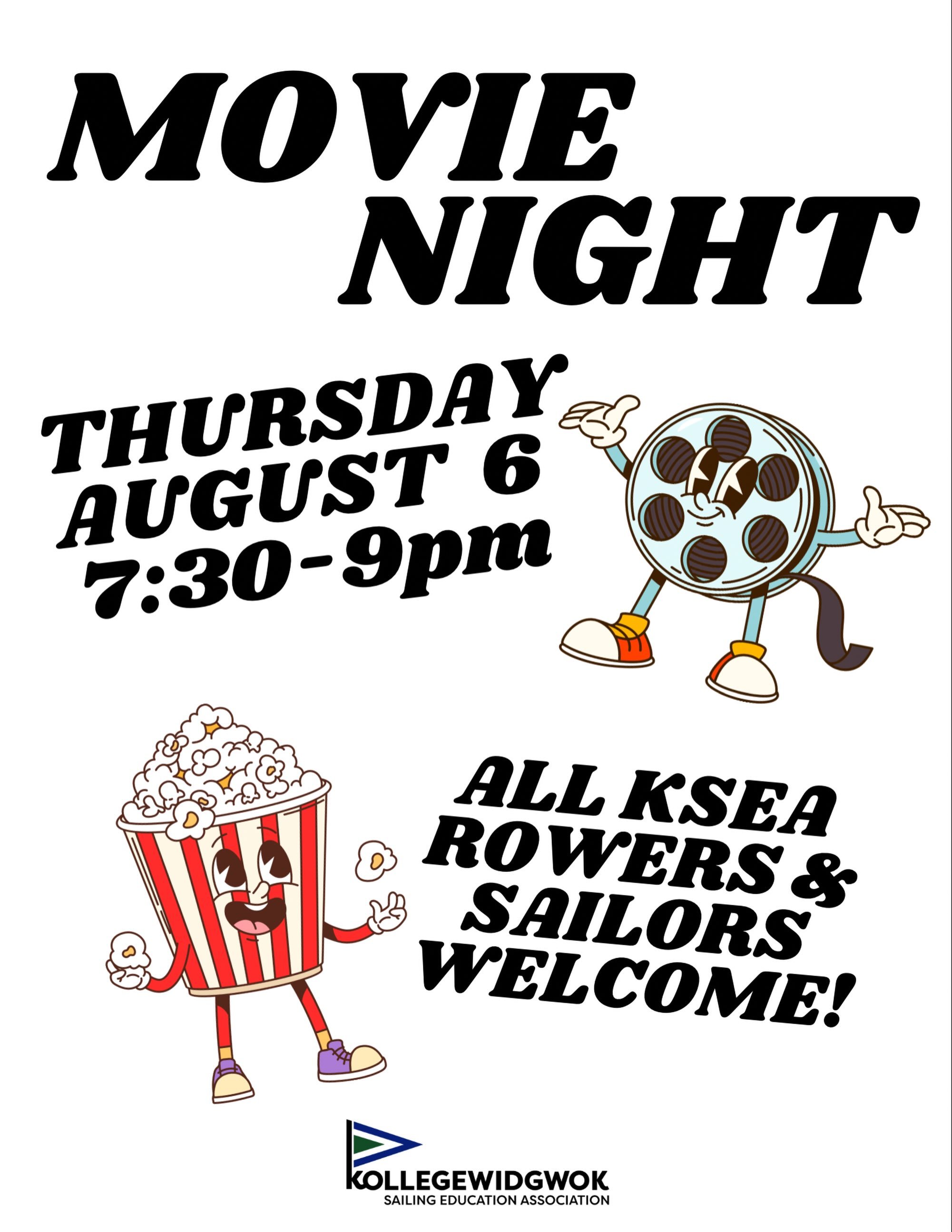 Ahoy there! Our next MOVIE NIGHT is this THURSDAY! Join us down at the KYC clubhouse, 7:30-9pm. 

Our instructor crew is psyched to kick back, eat some popcorn, and host our awesome KSEA rowers and sailors. 

See you soon! 🎥🎬🍿