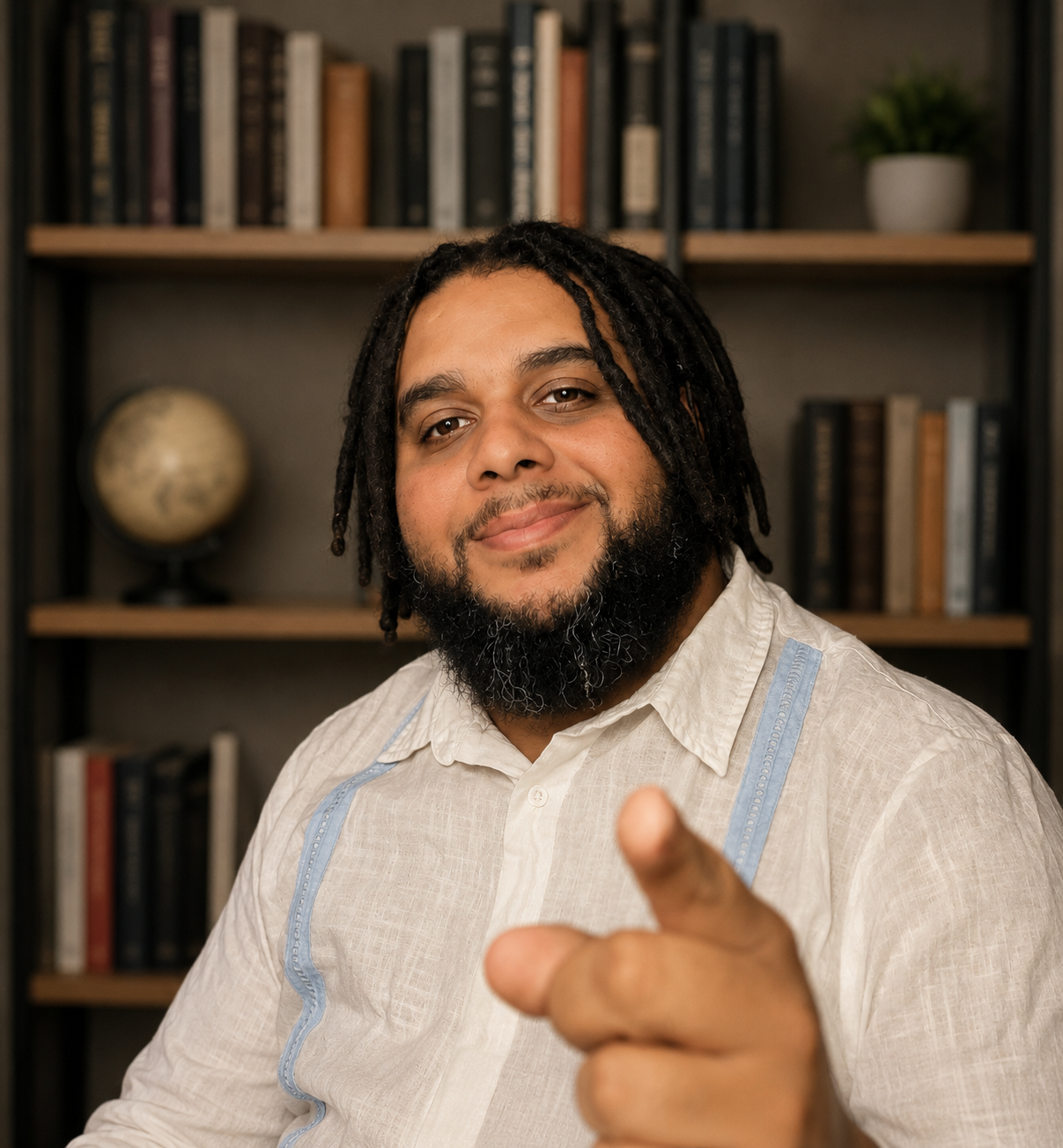 A man with dreadlocks and a beard smiling and pointing at the camera in a warmly decorated room.
