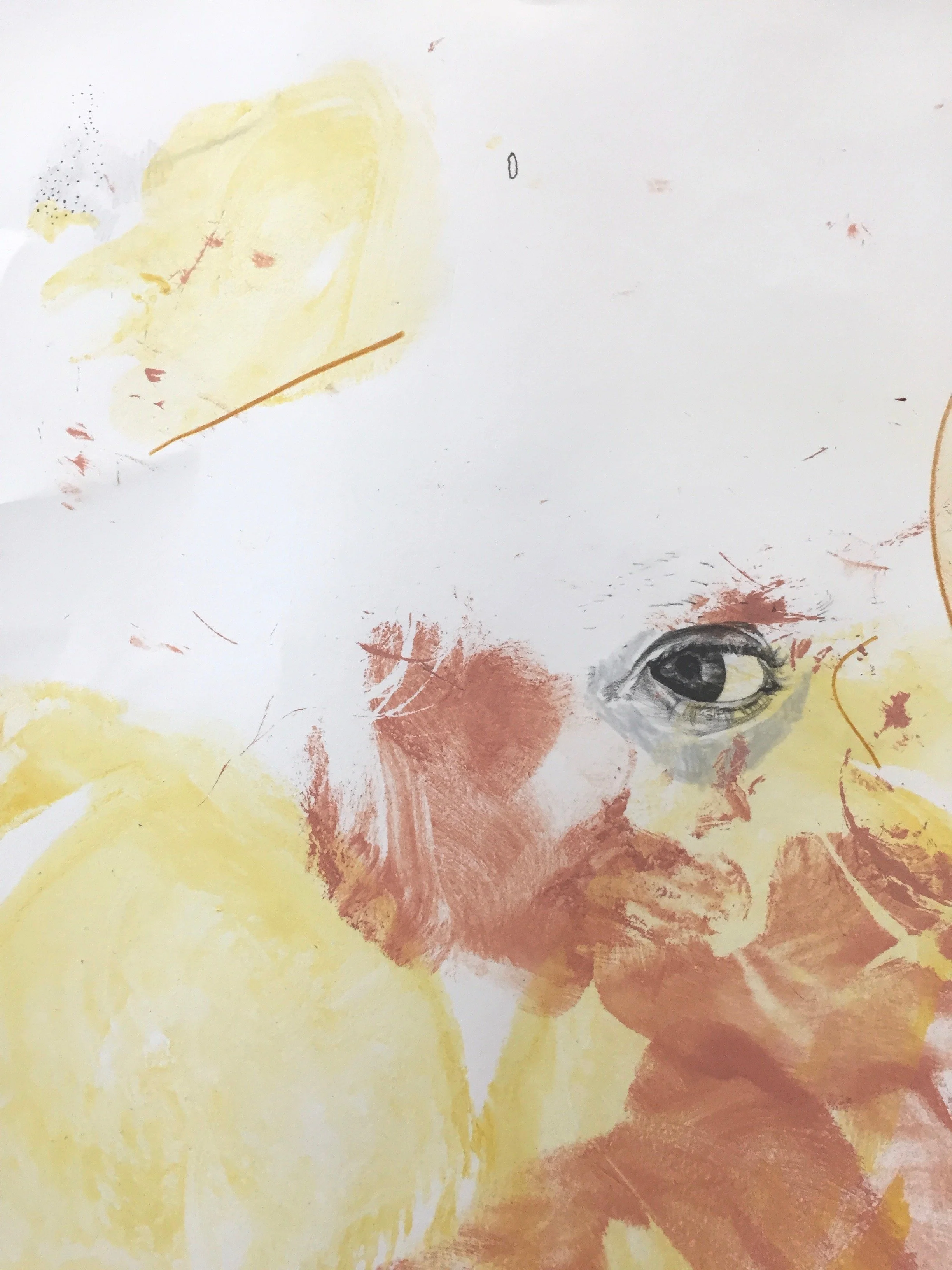 (Detail) "Flaws In Yellow", acrylic body print, coloured pencil, graphite, 39 x30"