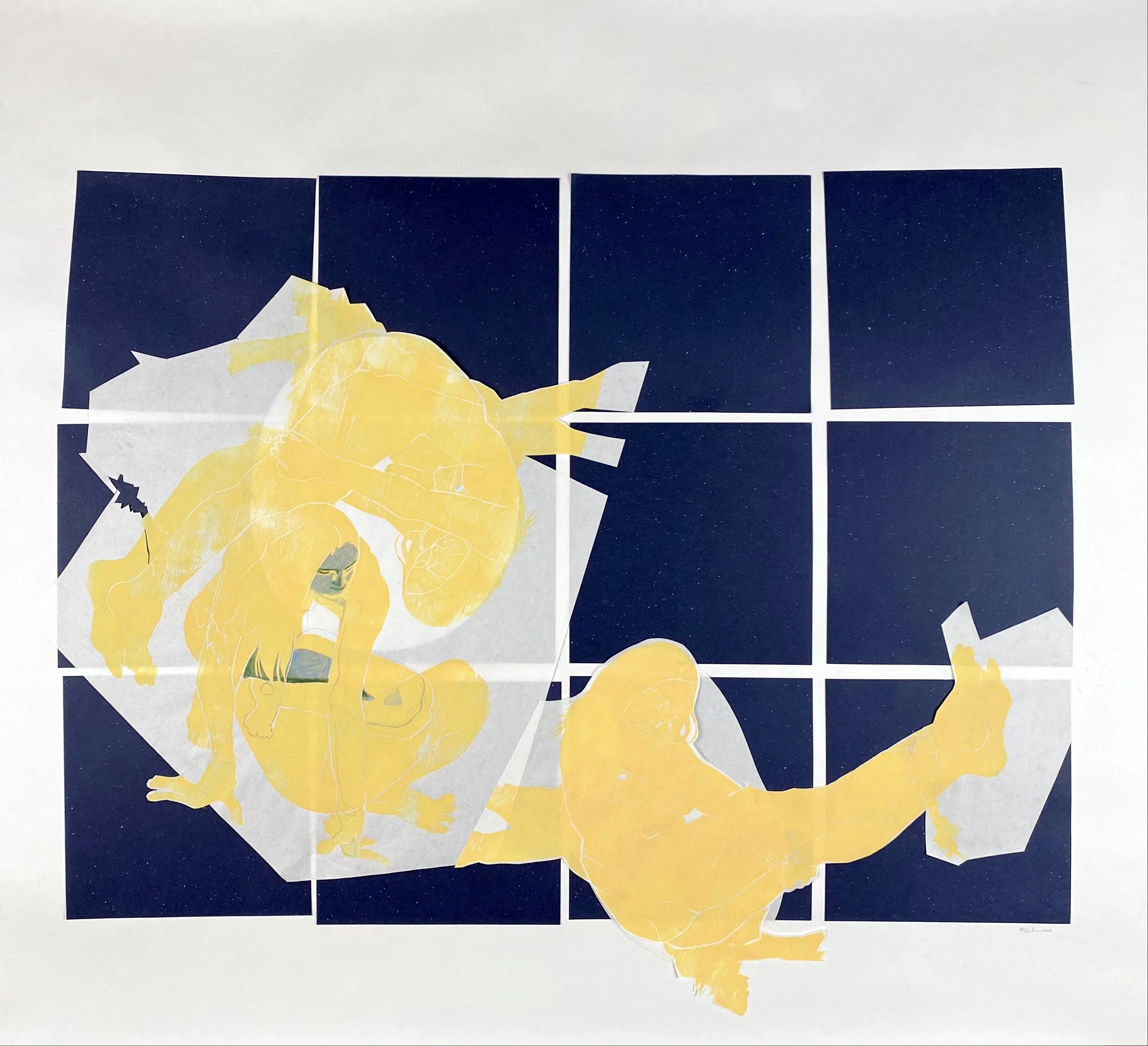 Spinning , 
Woodcut print, coloured pencil, collage , 
37.5” X 39.5”
