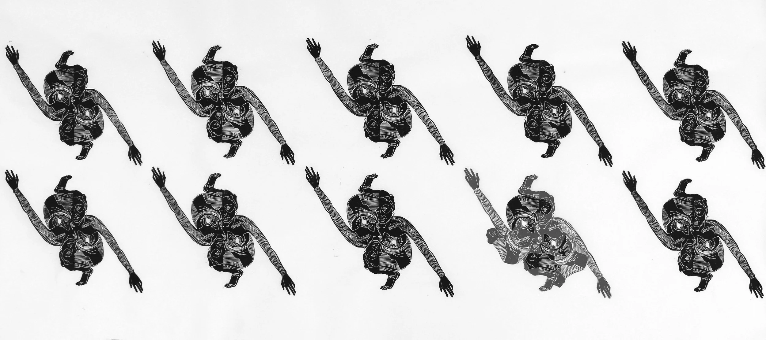 Reach 2, Collage #5, Lino-cut on rice paper and collage, 18x40