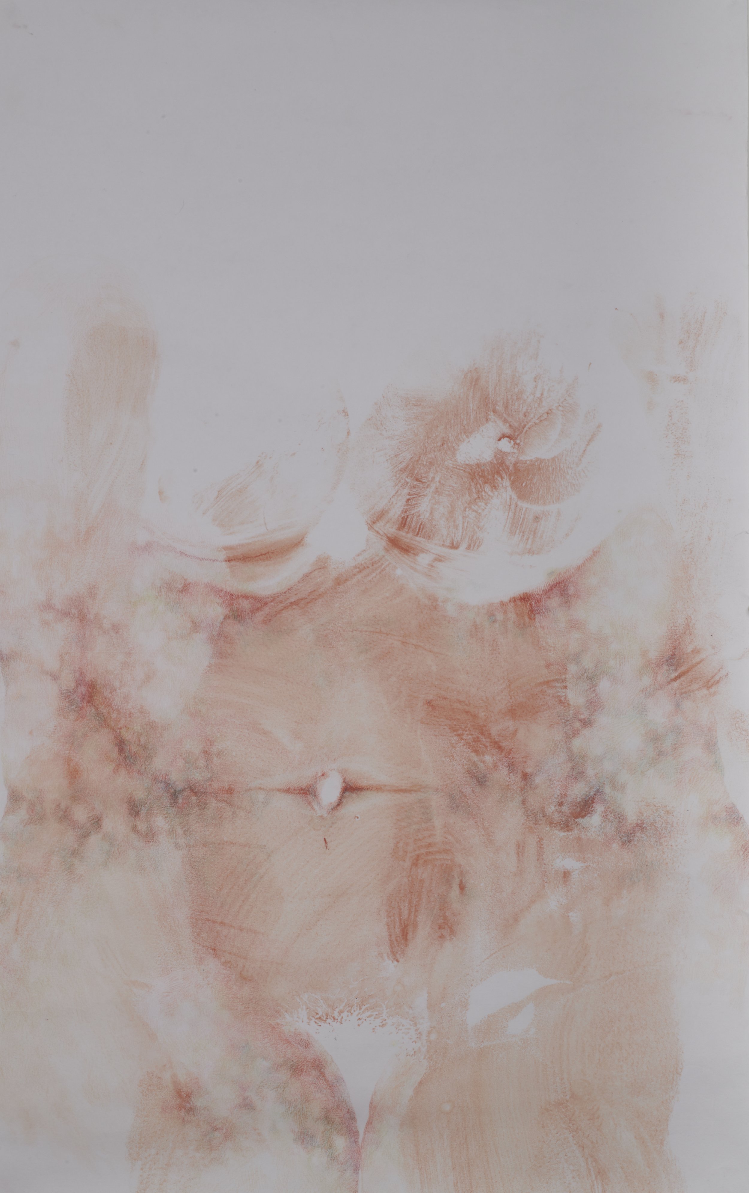 "Flaws 1 (self-portrait)", acrylic body print and coloured pencil, 34 x 21" 