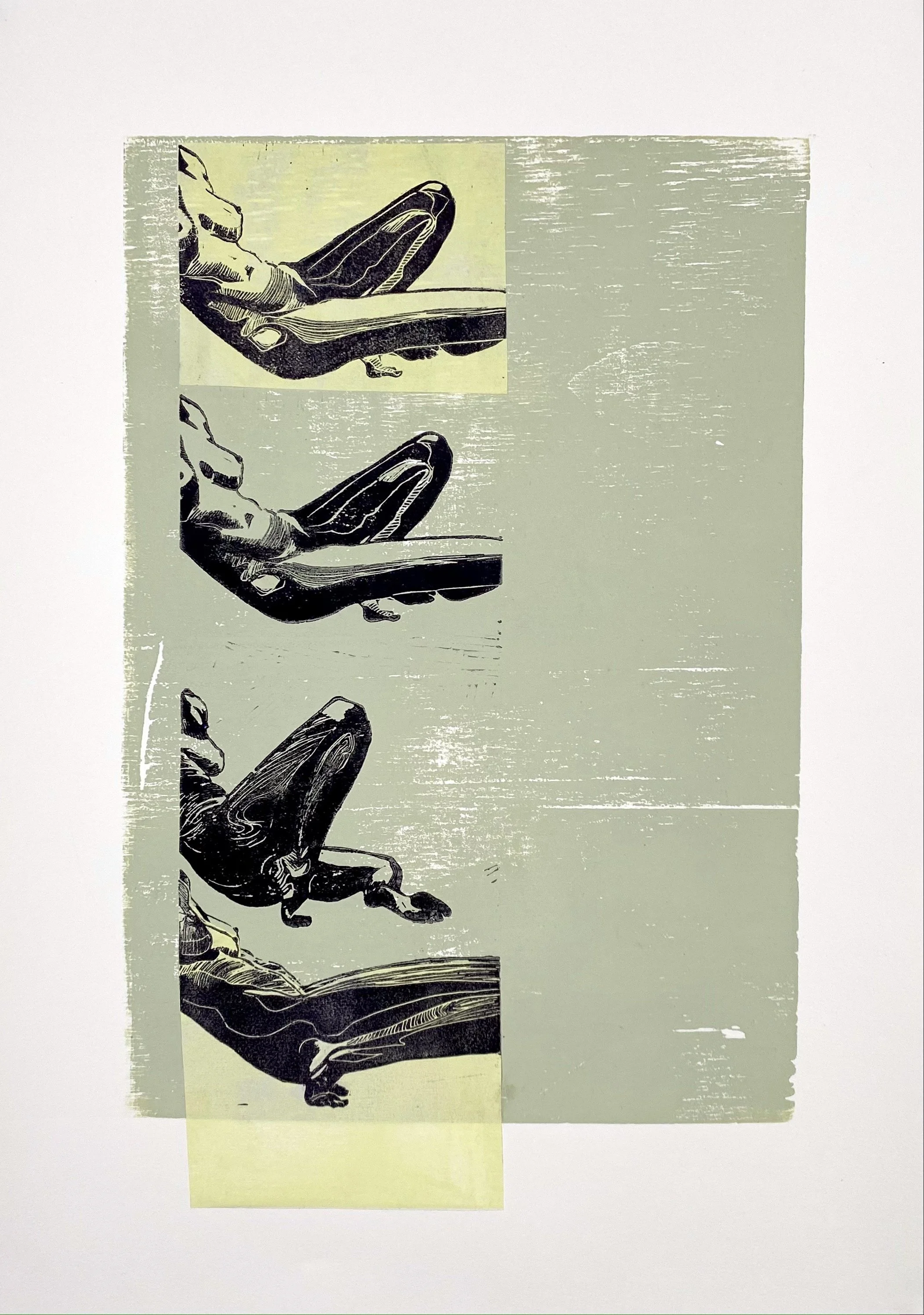 One, Two, Three , 
Wood block, linocut, collage , 
21” X 15” 
