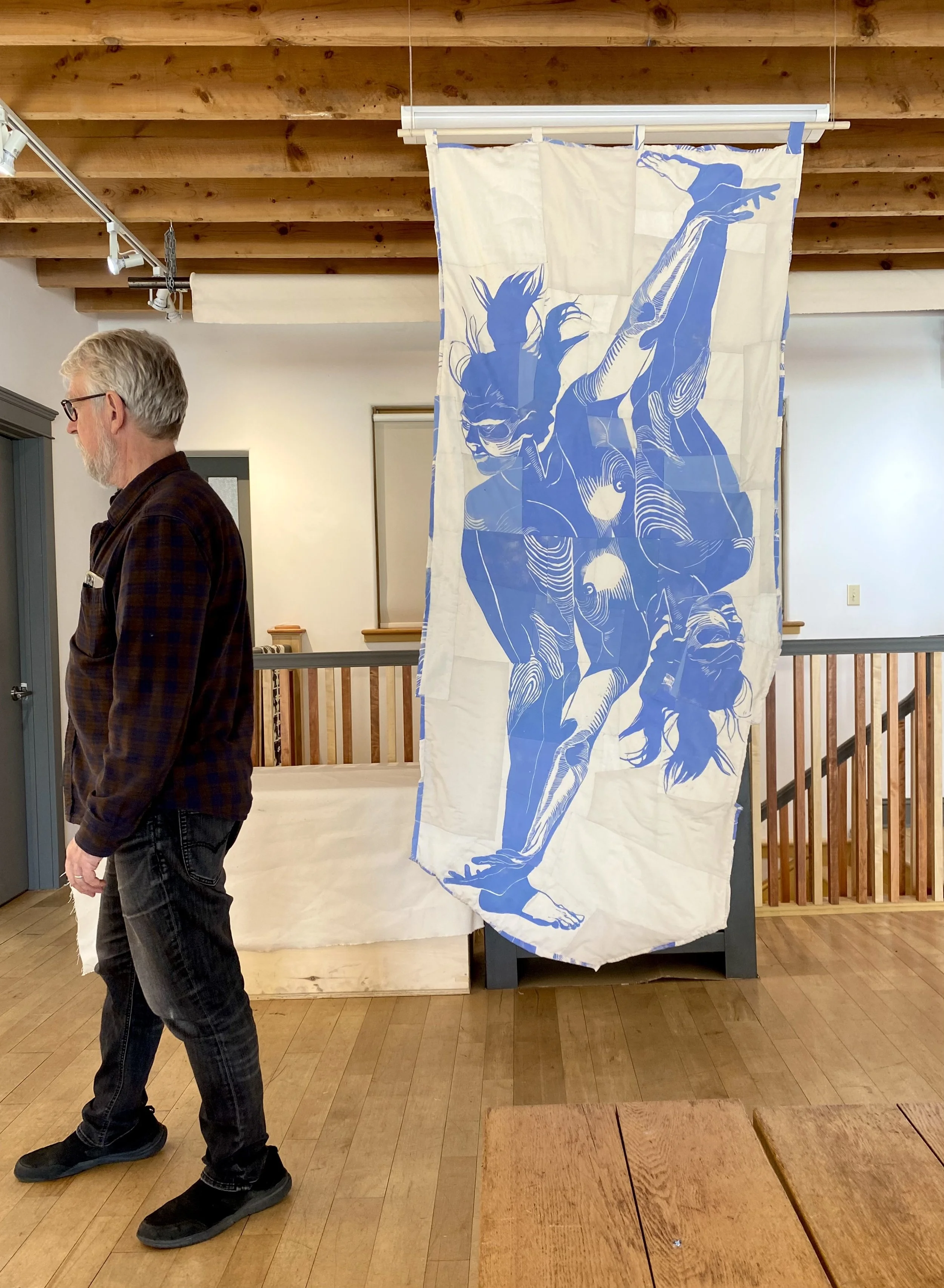 What’s the Future of Tradition? ,
Woodcut print on recycled fabric, hand sewn textile installation , 
90” X 47” X 1” 