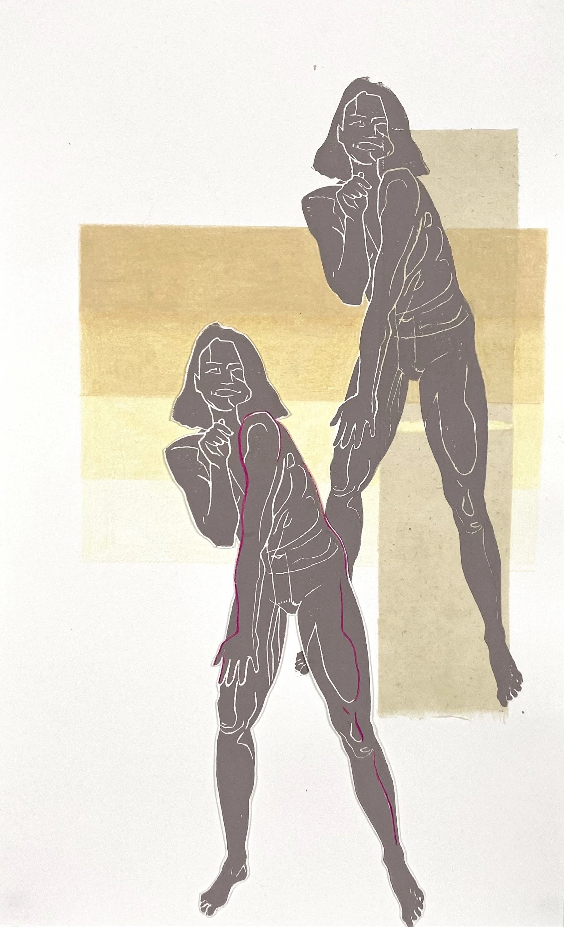 Brookie’s Dance (B. 3, Collage #1) , 
Linocut print, collage, colored pencil , 
15” X 9” 
