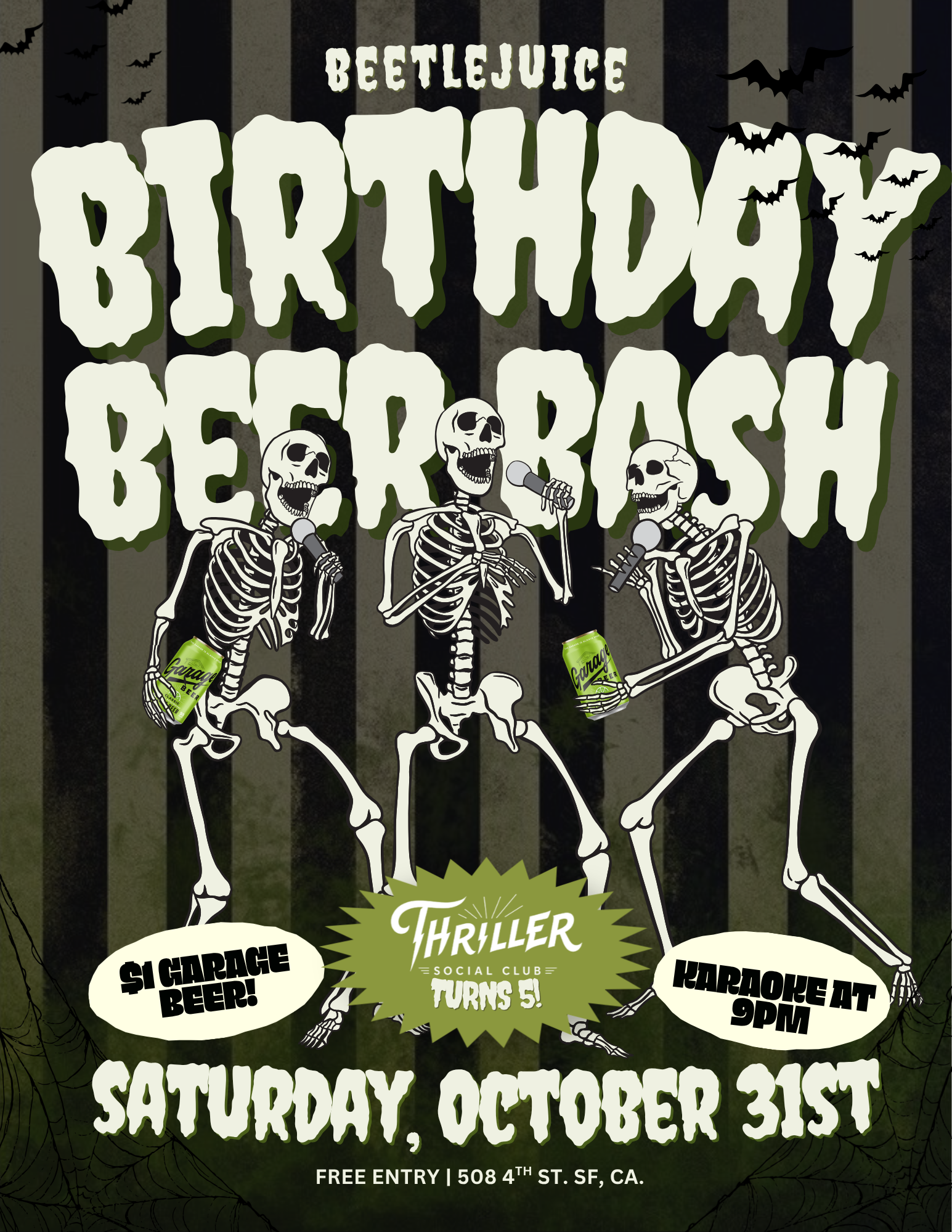 Halloween-themed Beetlejuice karaoke event poster featuring three skeletons, bats, striped background, green Garage Beer cans, and event details for Saturday, October 31 at Thriller Social Club, 508 4th St. SE, CA.