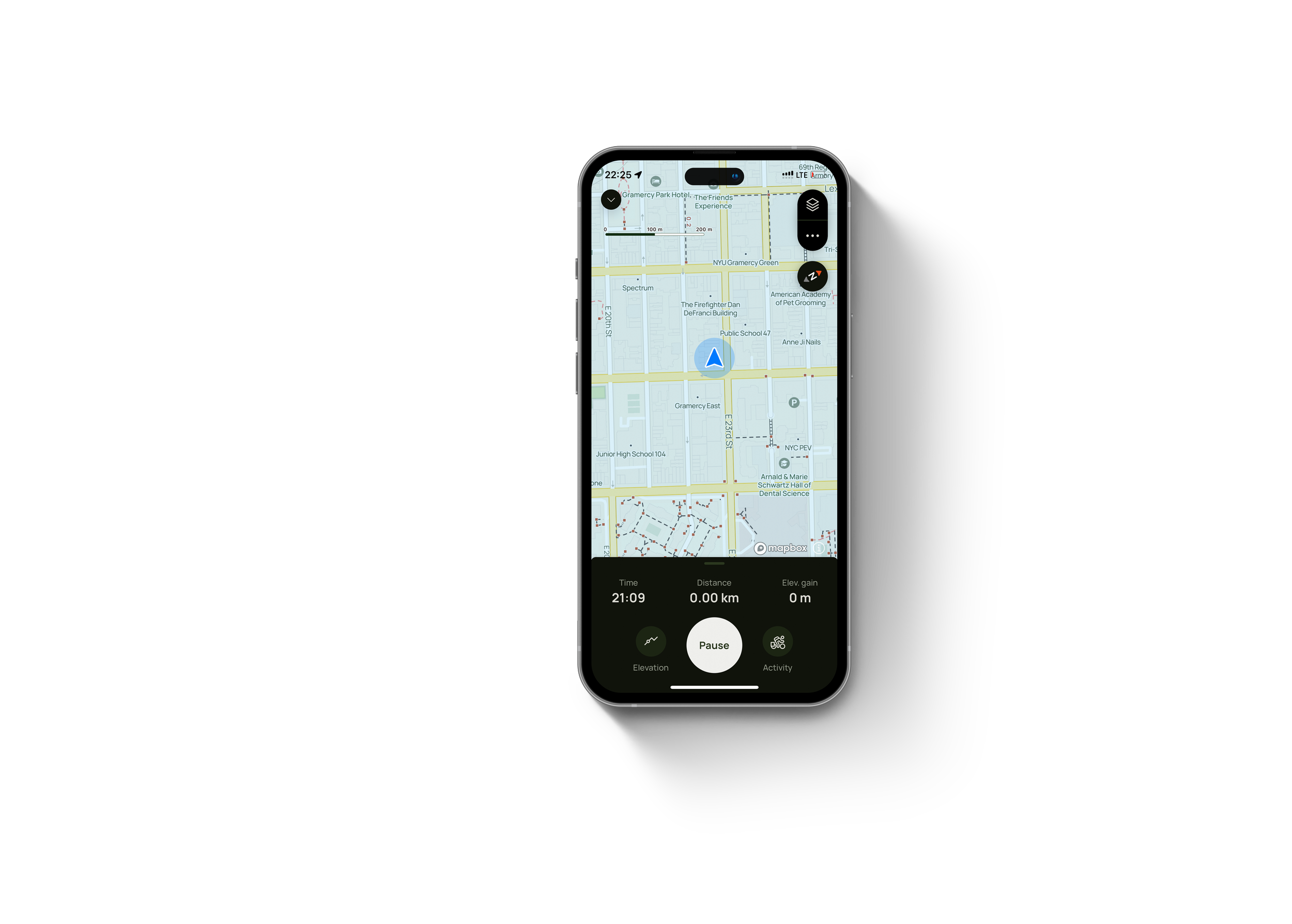A smartphone displaying a GPS navigation app with a map of a city, showing streets and landmarks, and a route on the screen.