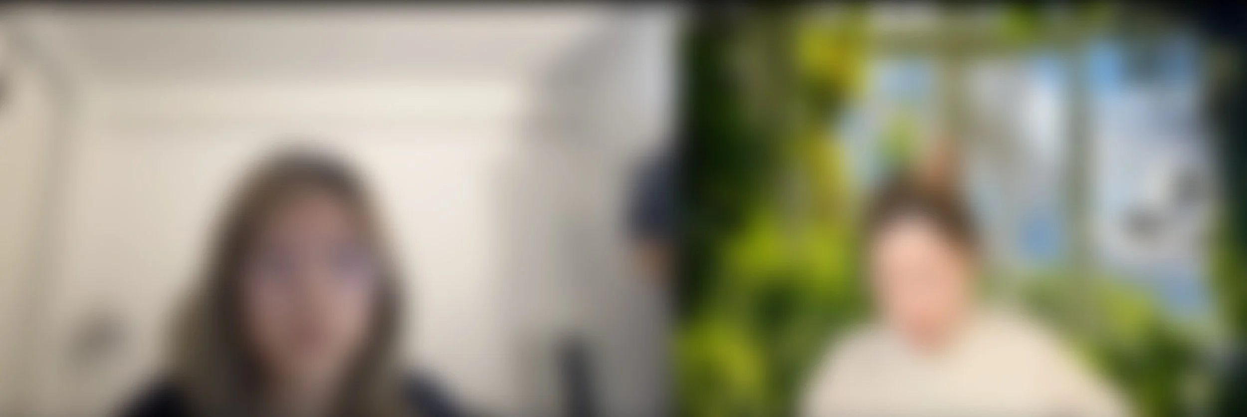 Blurred image of two women sitting in a room with greenery visible in the background.